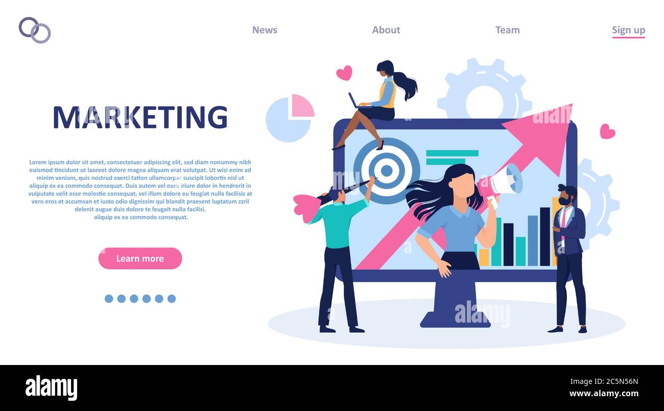 Vektor eines PR-Teams, das im Online-Marketing arbeitet, um das Geschäft in sozialen Medien zu steigern, Inhalte zu fördern Stock Vektor