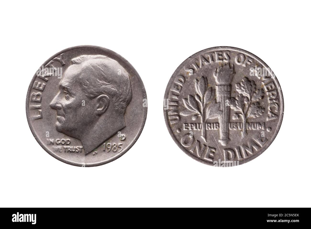 USA-Cent-Nickel-Münze (10 Cent) Vorderseite Franklin D Roosevelt Reverse olivgrün Zweig Fackel Eiche Zweig ausgeschnitten und isoliert auf weißem Hintergrund Stockfoto