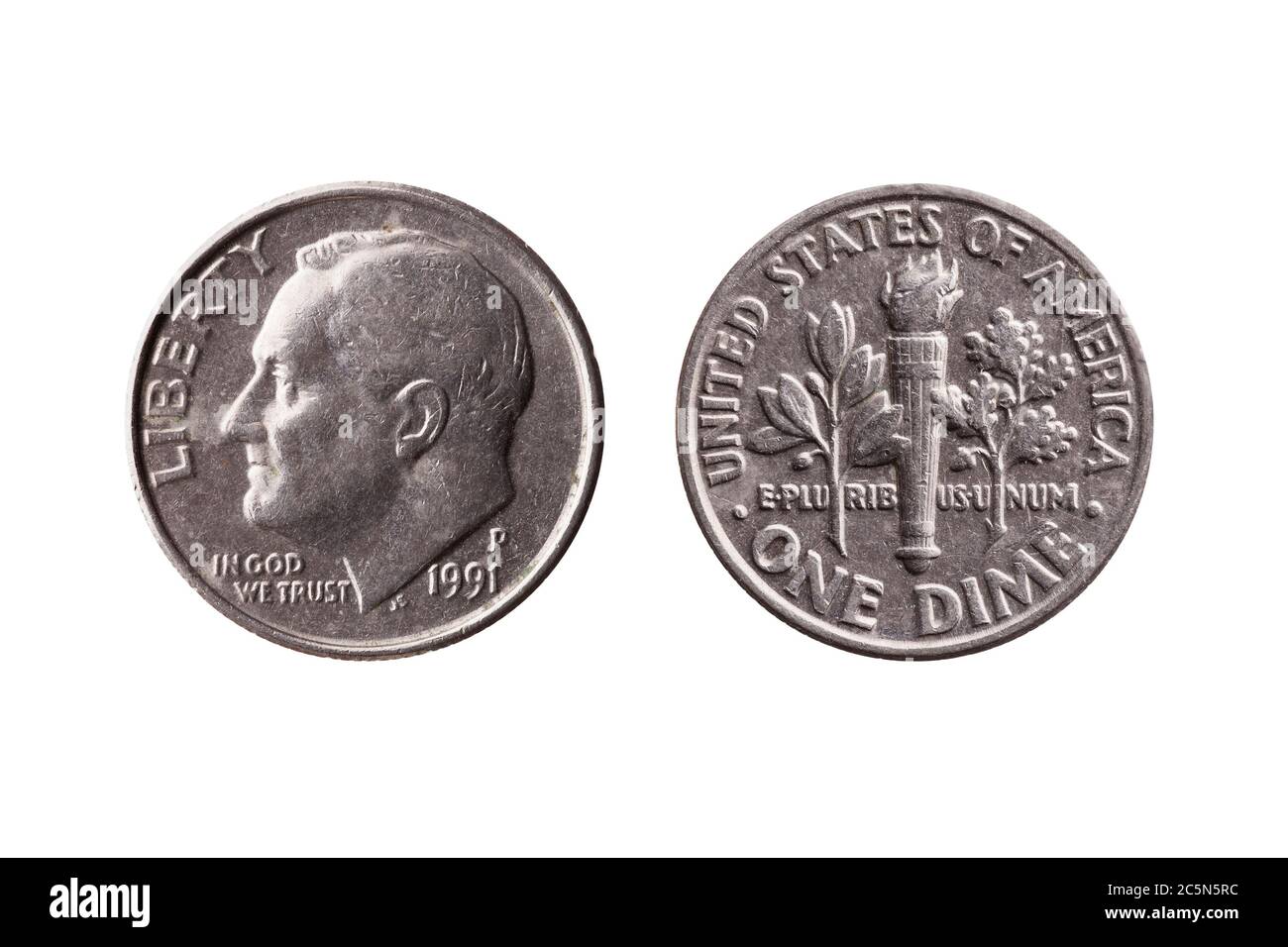 USA-Cent-Nickel-Münze (10 Cent) Vorderseite Franklin D Roosevelt Reverse olivgrün Zweig Fackel Eiche Zweig ausgeschnitten und isoliert auf weißem Hintergrund Stockfoto
