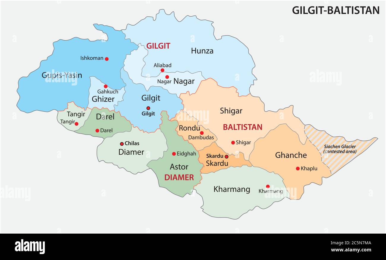vektor administrative und politische Karte des Pakistanischen Sondergebietes Gilgit-Baltistan Stock Vektor