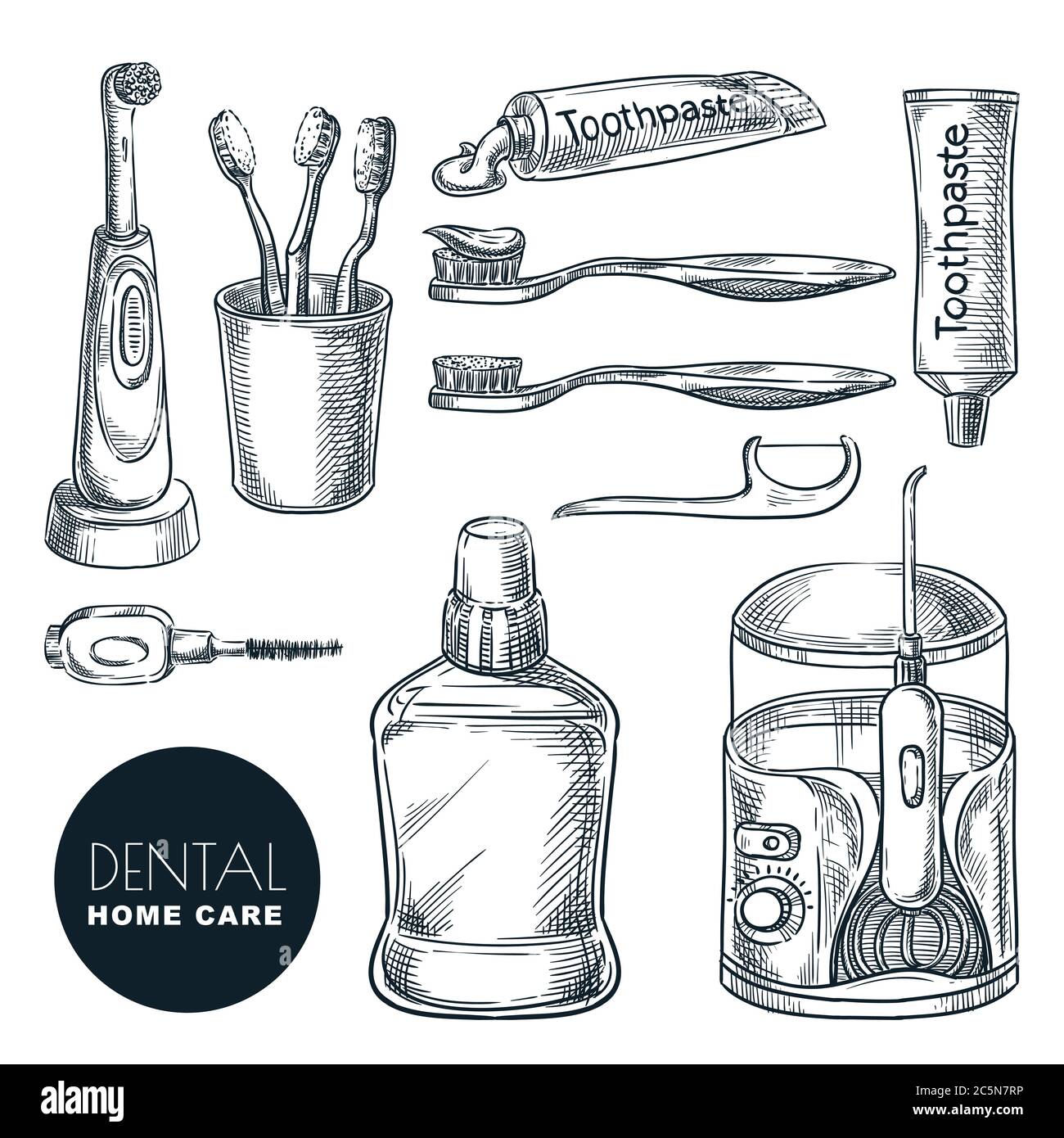 Zähne und Mund Pflege Zubehör Set. Handgezeichnete Skizzenvektordarstellung. Zahnhygiene und Prävention von Karies und Parodontitis. Oral t Stock Vektor