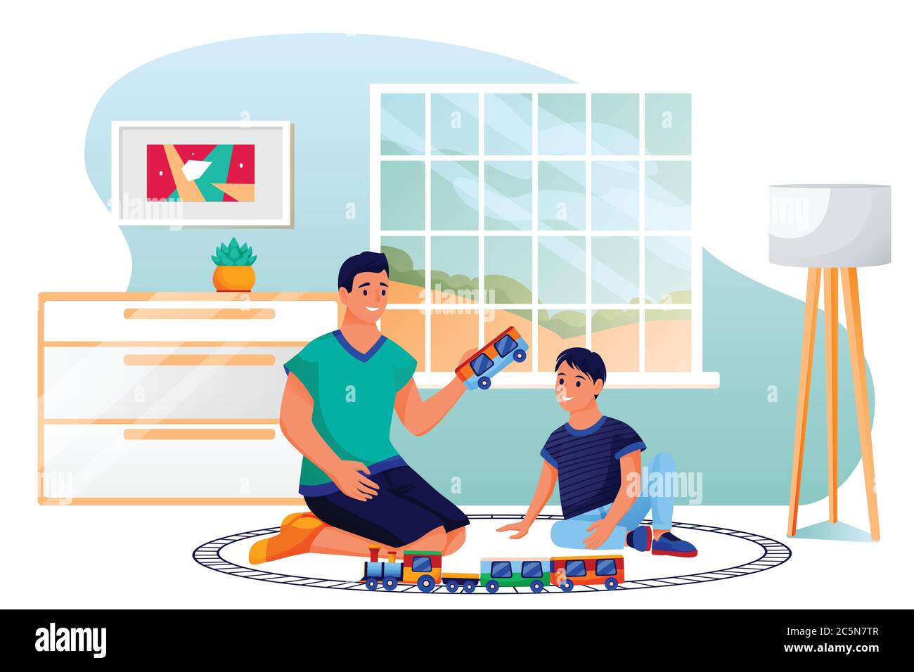 Glücklicher Vater und Sohn spielen mit Miniatur-Spielzeugeisenbahn. Papa und kleiner Junge sitzen im Kinderzimmer und spielen bunte Zugspielzeug. Vektorzeichen Abb. Stock Vektor