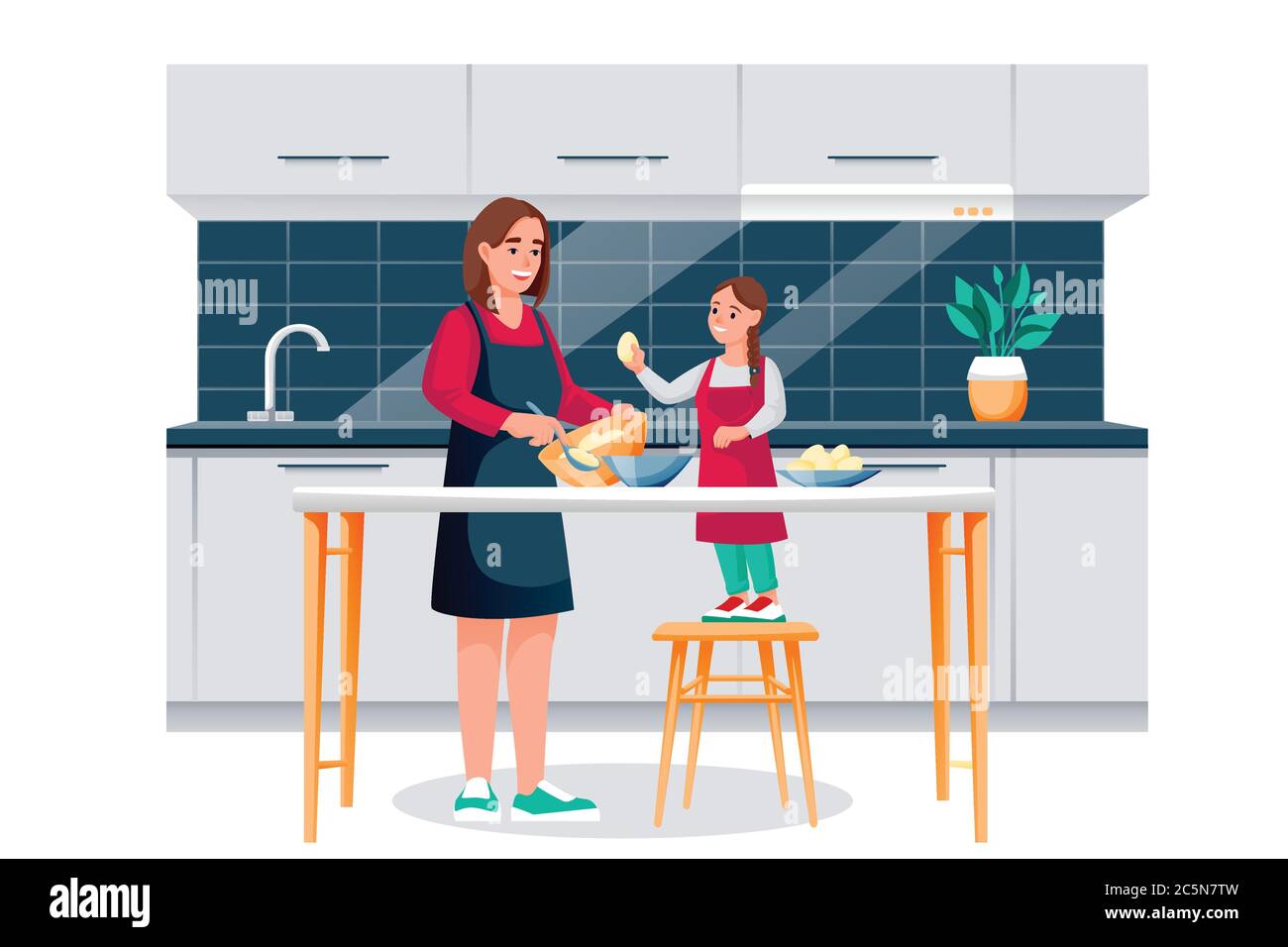Glückliche Mutter und Tochter Kochen Frühstück in der Küche. Mama und kleines Mädchen backen, Teig machen. Vektorzeichen. Familienfreizeitleben Stock Vektor