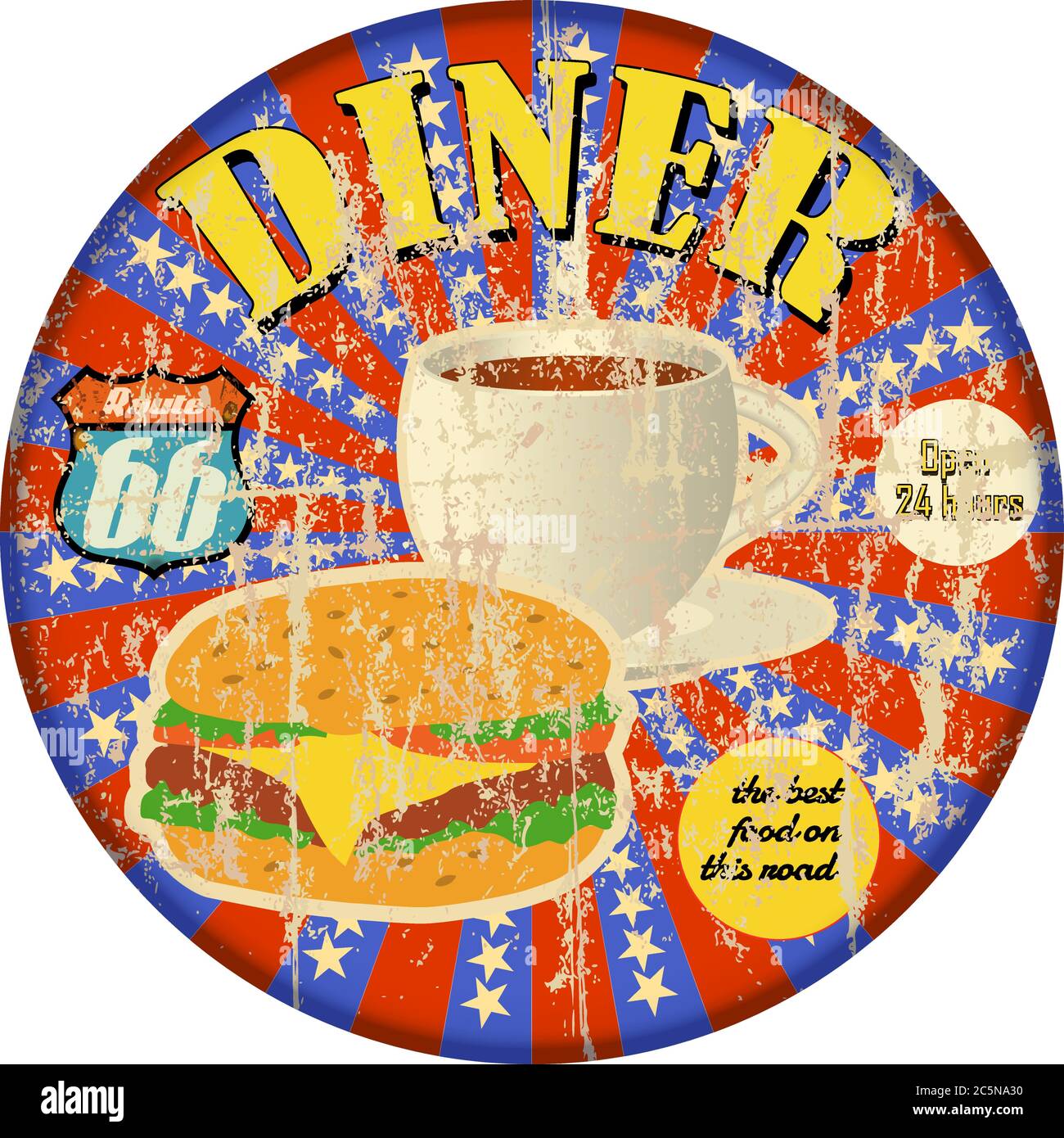 Vintage Route 66 Diner Zeichen, alte Fast-Food-Restaurant Advertsing Zeichen, Vektor-Kunst Illustration, americana Stock Vektor