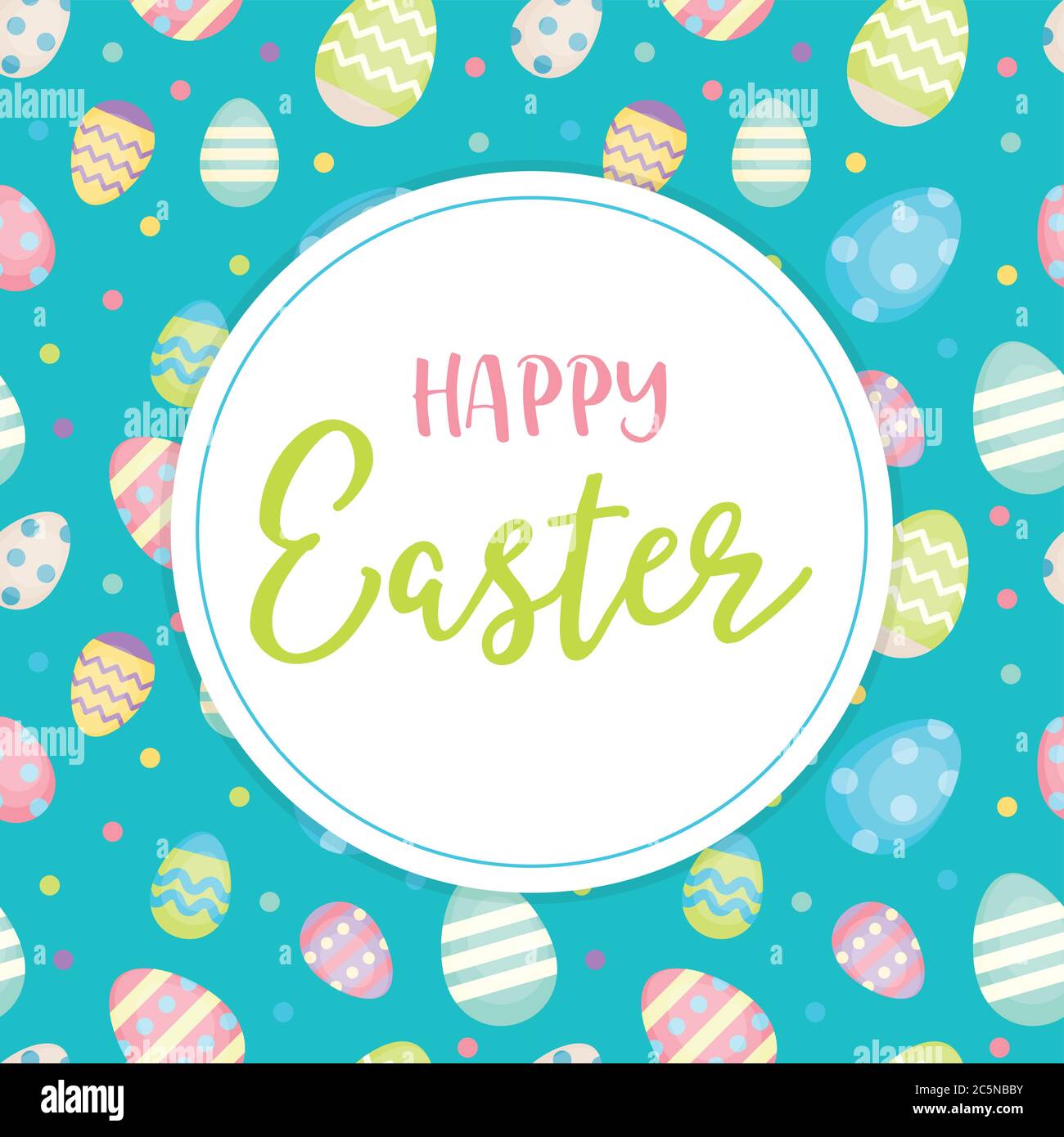 Frohe Ostern - Grußkarte mit Schriftzug und Ostereiern Hintergrund. Vektor-Illustration in Pastellfarben, Design-Vorlage Stock Vektor