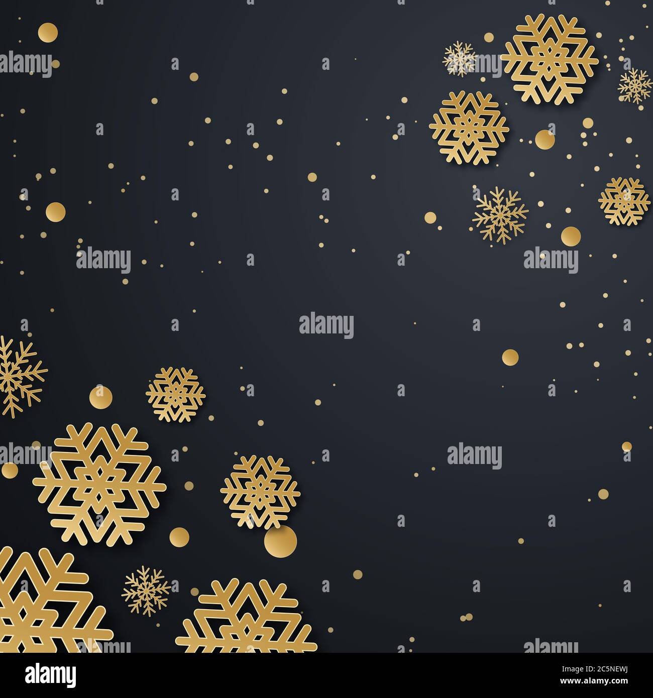 Weihnachtsfeiertage Design mit Papier geschnitten Schneeflocke Stil. Raffinierter dunkler Hintergrund mit goldenem Grußtext. Vektorgrafik Stockfoto