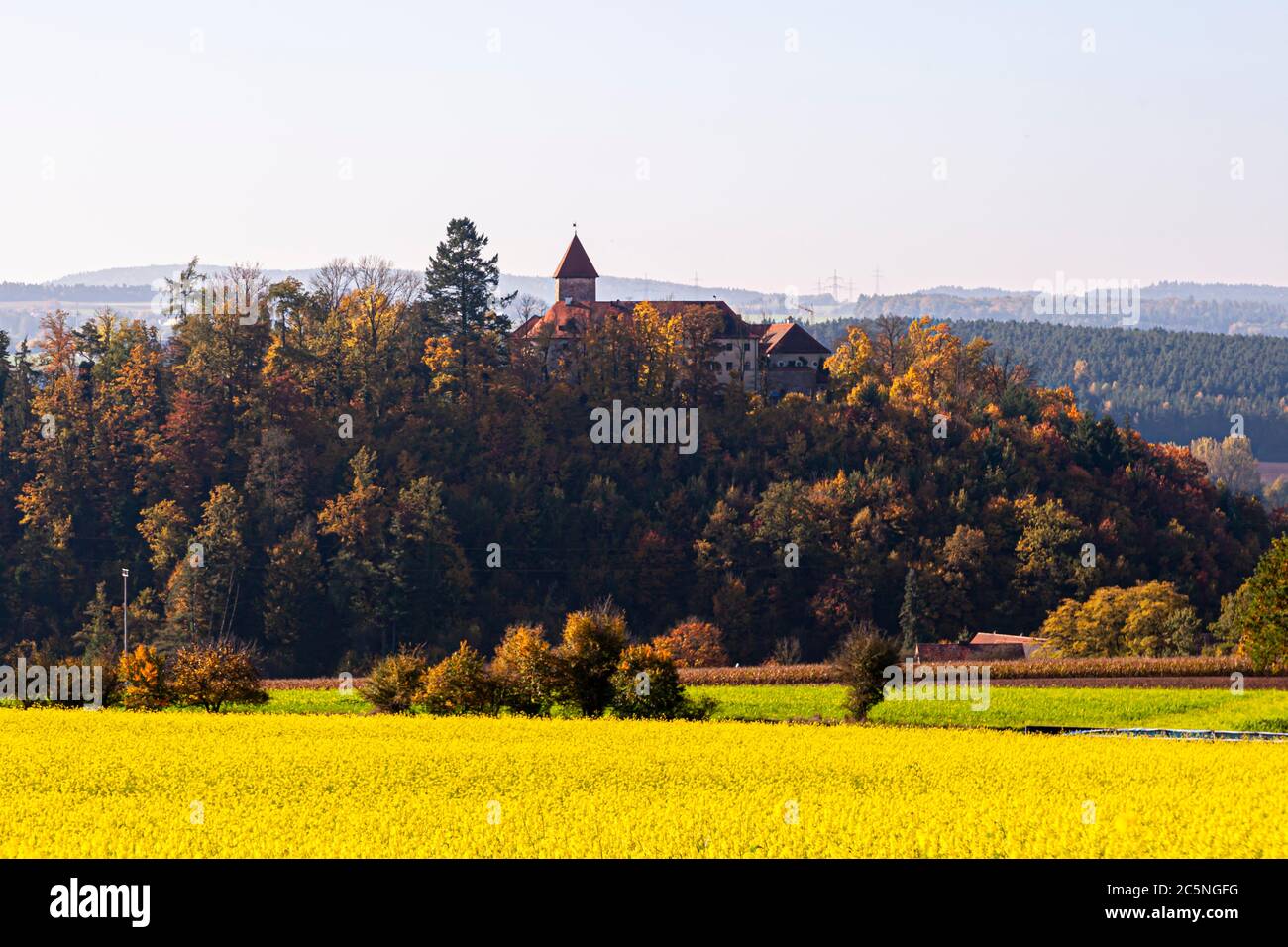 Schloss Wernberg liegt auf einem Berg umgeben von Senffeldern in Wernberg-Köblitz, Deutschland Stockfoto