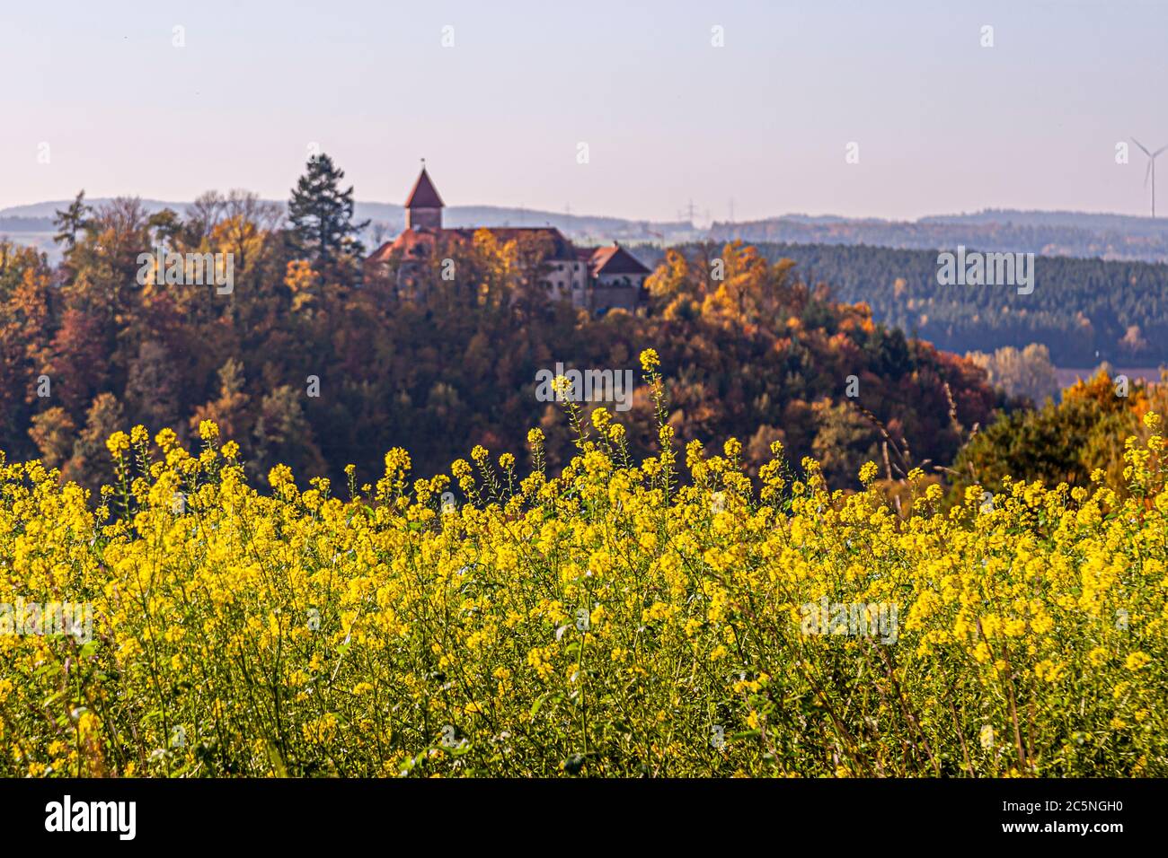 Burg Wernberg Deutsches Schloss in Bayern mit Feldern und Wäldern in Wernberg-Köblitz, Deutschland Stockfoto