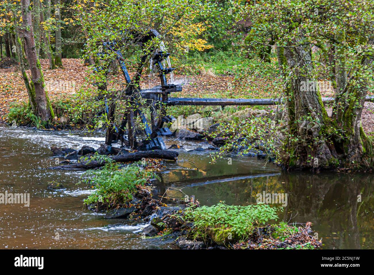 Bei einer Wanderung stoßen Sie auf ein altes Wasserrad, das noch immer zum Wasserschöpfen aus dem Waldnaab in Bayern verwendet wird Stockfoto