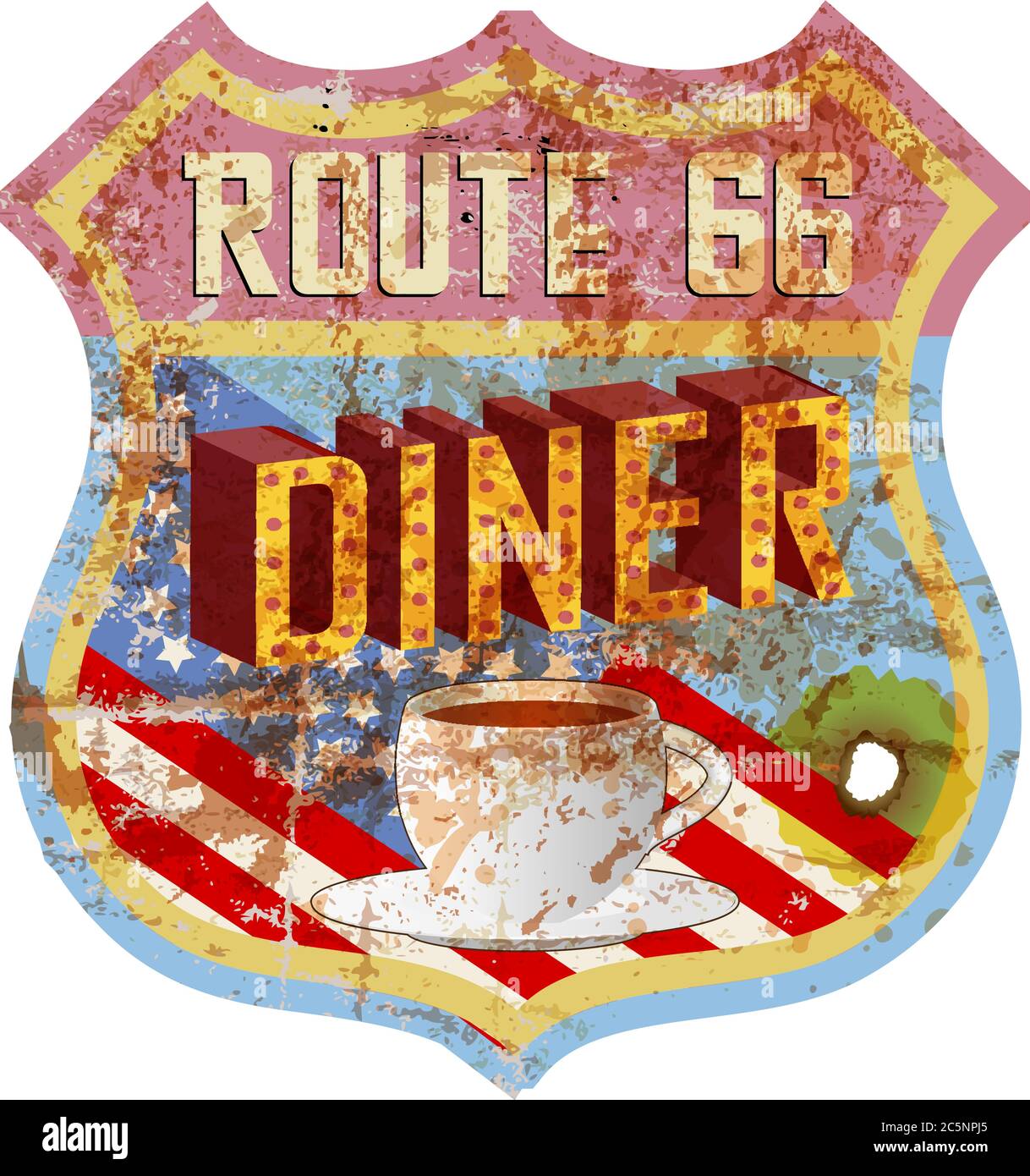 Vintage Route 66 Diner Zeichen, alte Fast-Food-Restaurant Advertsing Zeichen, Vektor-Kunst Illustration, americana Stock Vektor