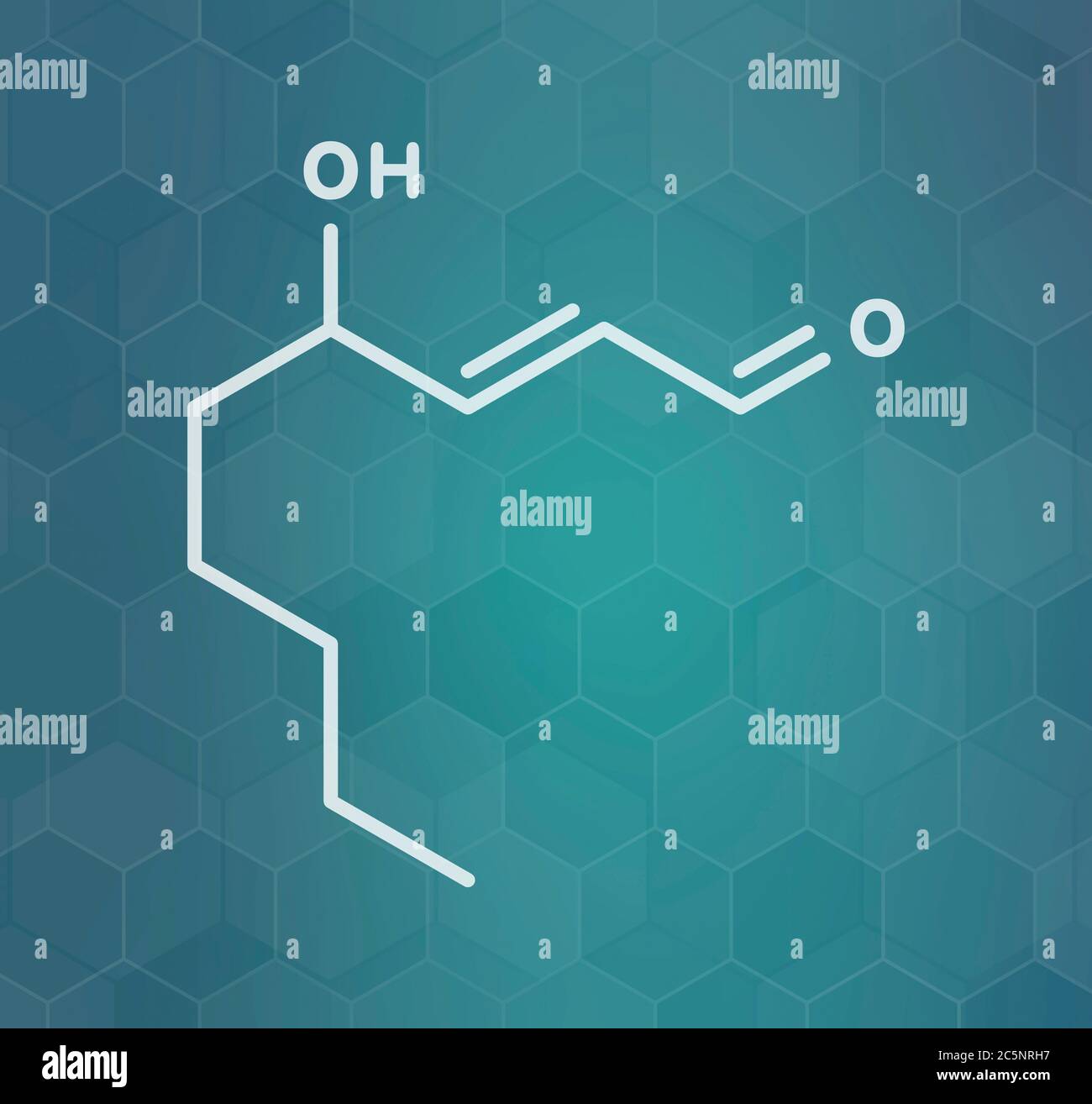 4-Hydroxynonenal (HNE) Molekül. Metaboliten durch Lipidperoxidation von mehrfach ungesättigten Omega-6-Fettsäuren produziert. Skelettmuskulatur Formel. Stockfoto