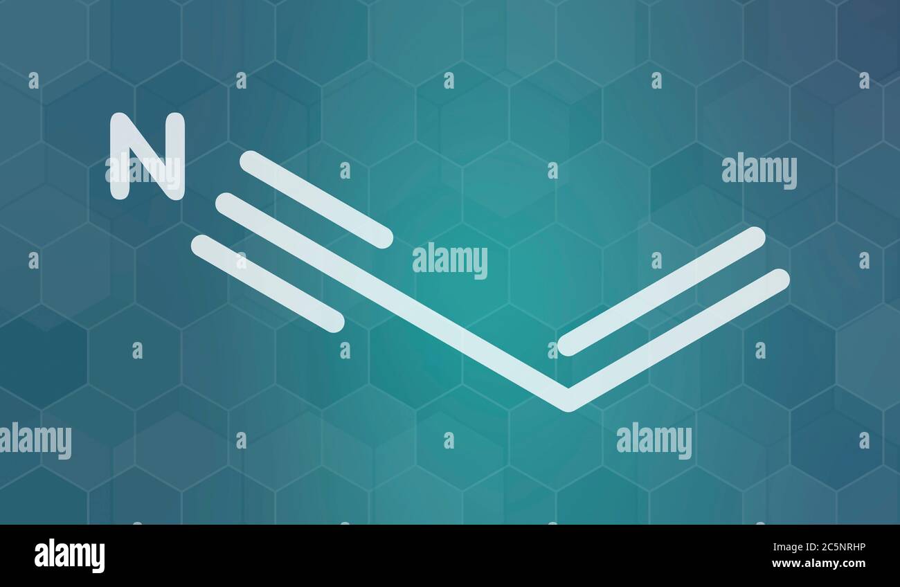 Baustein aus Acrylnitril-Molekül, Polyacrylnitril (PAN) und ABS-Kunststoff (Acrylnitril-Butadien-Styrol). Skelettformel. Stockfoto