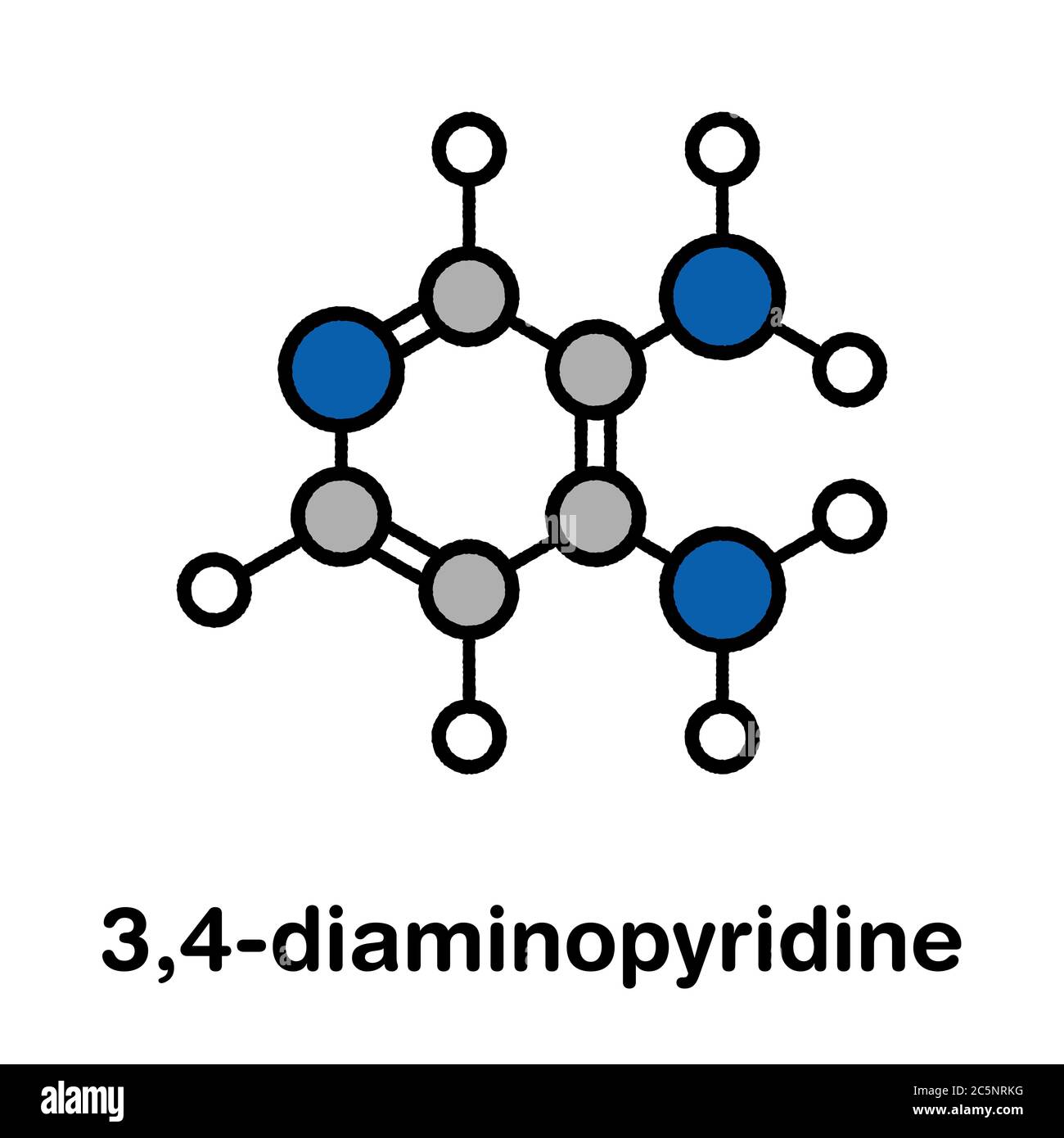 Amifampridin (3,4-diaminopyridin, 3,4-DAP) Orphan-Medikament. Wird zur Behandlung seltener Muskelerkrankungen verwendet. Stilisierte Skelettformel (chemische Struktur): Atome werden als farbcodierte Kreise dargestellt: Wasserstoff (weiß), Kohlenstoff (grau), Stickstoff (blau). Stockfoto