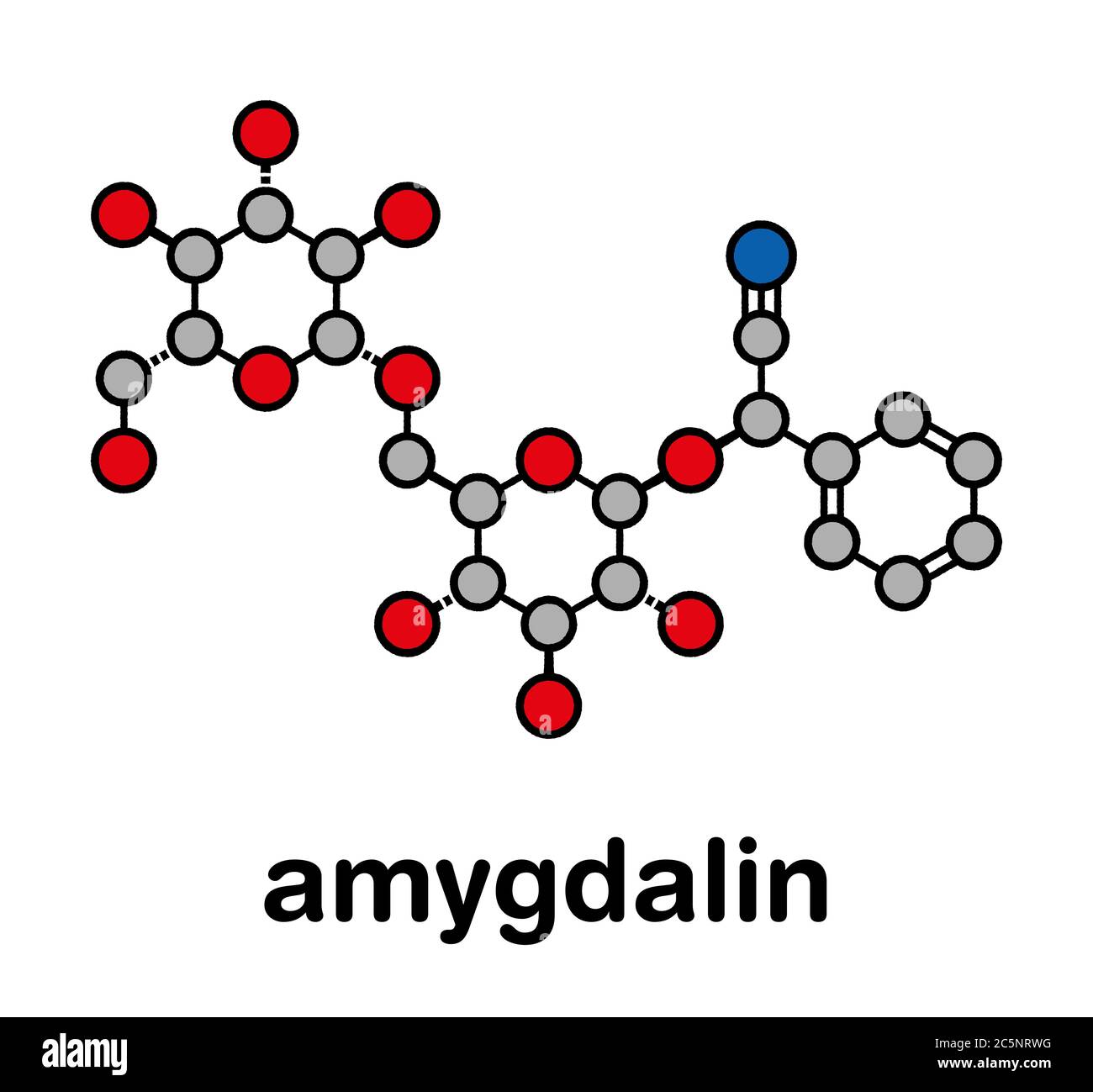 Amygdalin stilisierte Skelettformel (chemische Struktur): Atome werden als farbkodierte Kreise dargestellt: Wasserstoff (versteckt), Kohlenstoff (grau), Sauerstoff (rot), Stickstoff (blau). Stockfoto