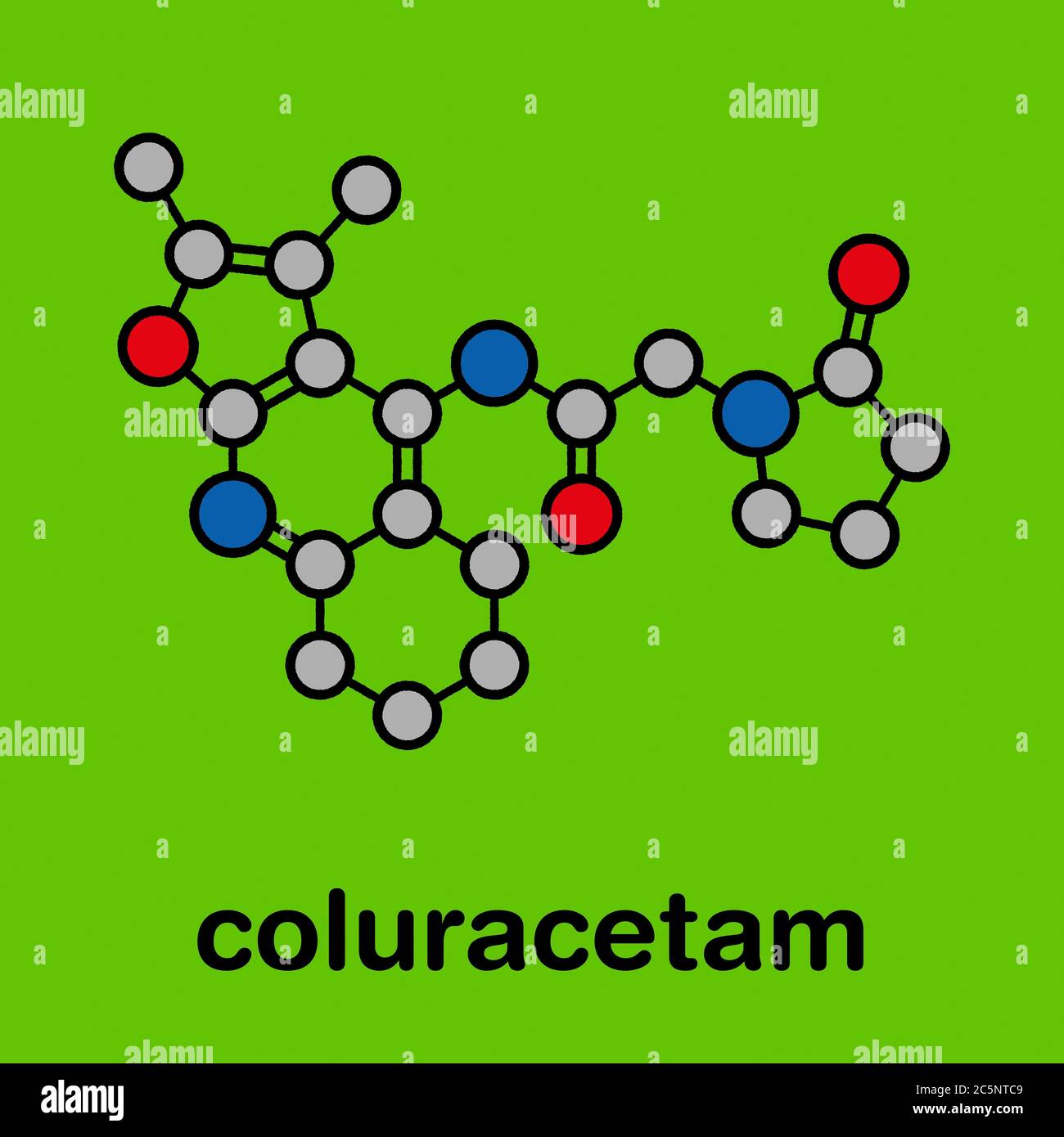 Coluracetam-Molekül. Stilisierte Skelettformel (chemische Struktur): Atome werden als farbcodierte Kreise dargestellt: Wasserstoff (versteckt), Kohlenstoff (grau), Sauerstoff (rot), Stickstoff (blau). Stockfoto