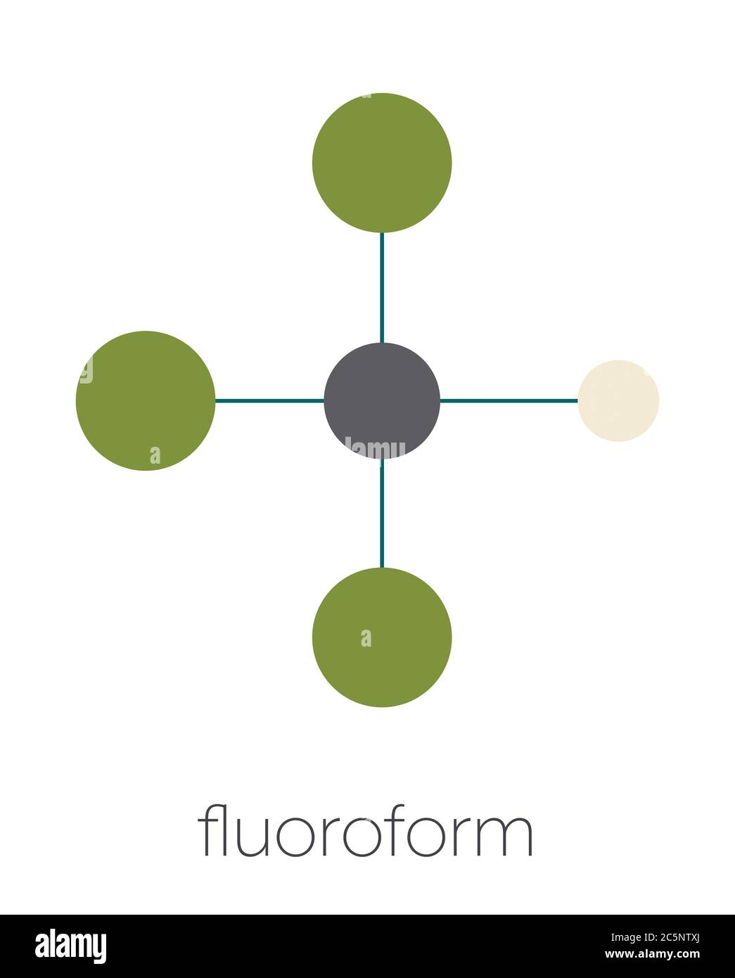 Fluoroform Treibhausgas Molekül. Stilisierte Skelettformel (chemische Struktur): Atome werden als farbcodierte Kreise dargestellt: Wasserstoff (beige), Kohlenstoff (grau), Fluor (cyan). Stockfoto