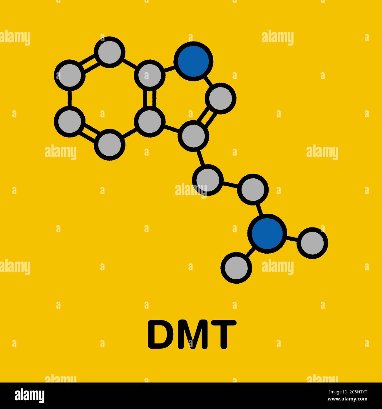 Dimethyltryptamin (DMT) psychedelisches Arzneimittelmolekül. Im Getränk Ayahuasca anwesend. Stilisierte Skelettformel (chemische Struktur): Atome werden als farbcodierte Kreise dargestellt: Wasserstoff (versteckt), Kohlenstoff (grau), Stickstoff (blau). Stockfoto