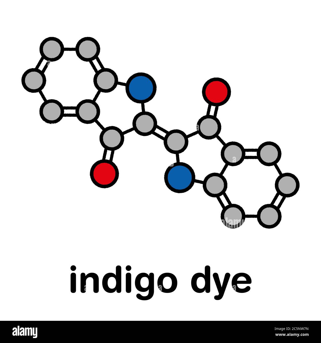 Indigotin Indigo Farbstoff Molekül. Wird verwendet, um Baumwolle bei der Herstellung von Denim-Tuch für blaue Jeans zu färben. Stilisierte Skelettformel (chemische Struktur): Atome werden als farbcodierte Kreise dargestellt: Wasserstoff (versteckt), Kohlenstoff (grau), Sauerstoff (rot), Stickstoff (blau). Stockfoto