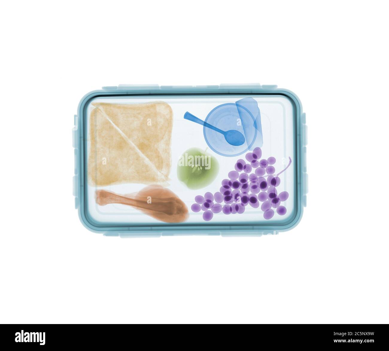 Lunchbox verpackt, farbiges Röntgen. Stockfoto