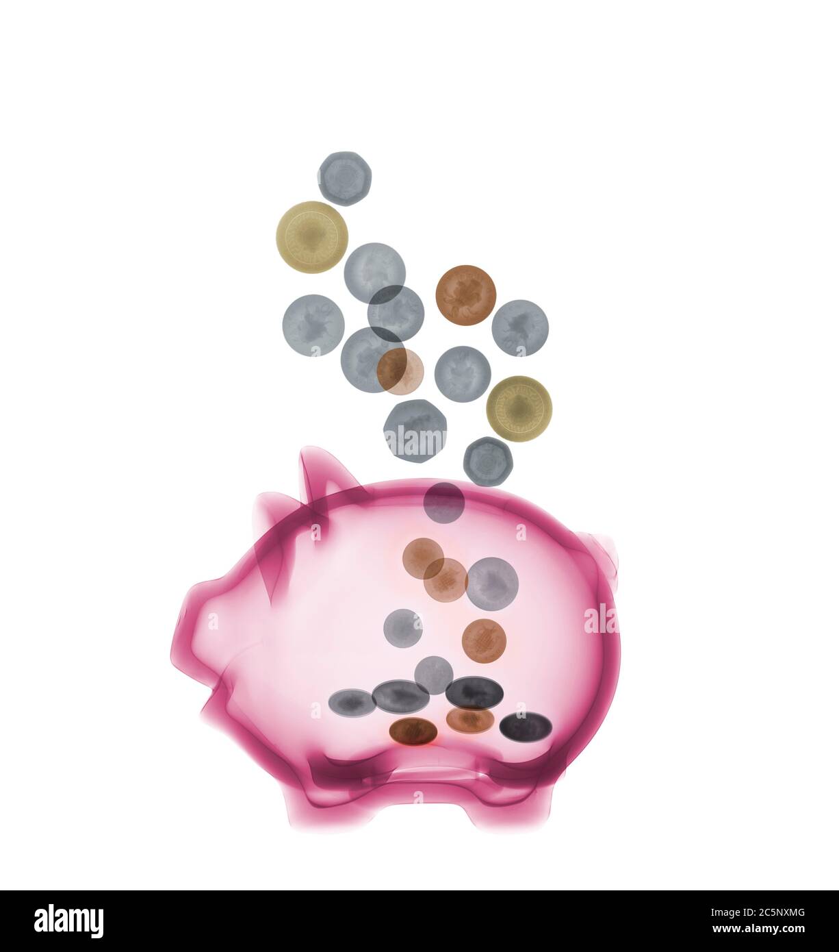 Sparschwein mit Münzen, Röntgen Stockfoto