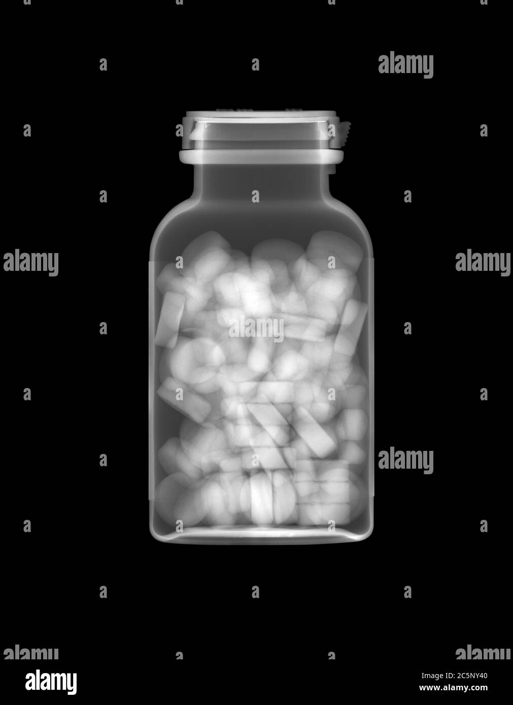 Flasche mit medizinischen Pillen, Röntgen. Stockfoto