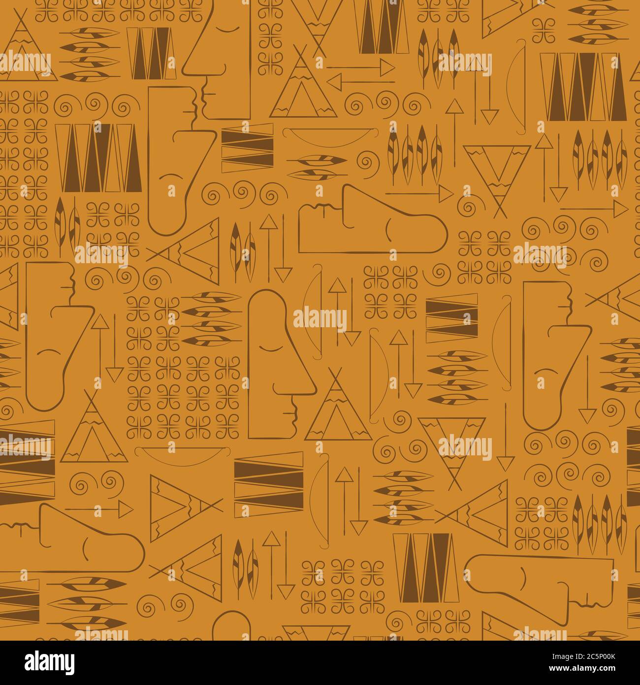 Tribal Ethnic nahtlose Muster. Bildlich geometrische Bilder von Navajo Stamm zeigt Gesichter mit Pfeil und Bogen. Stock Vektor