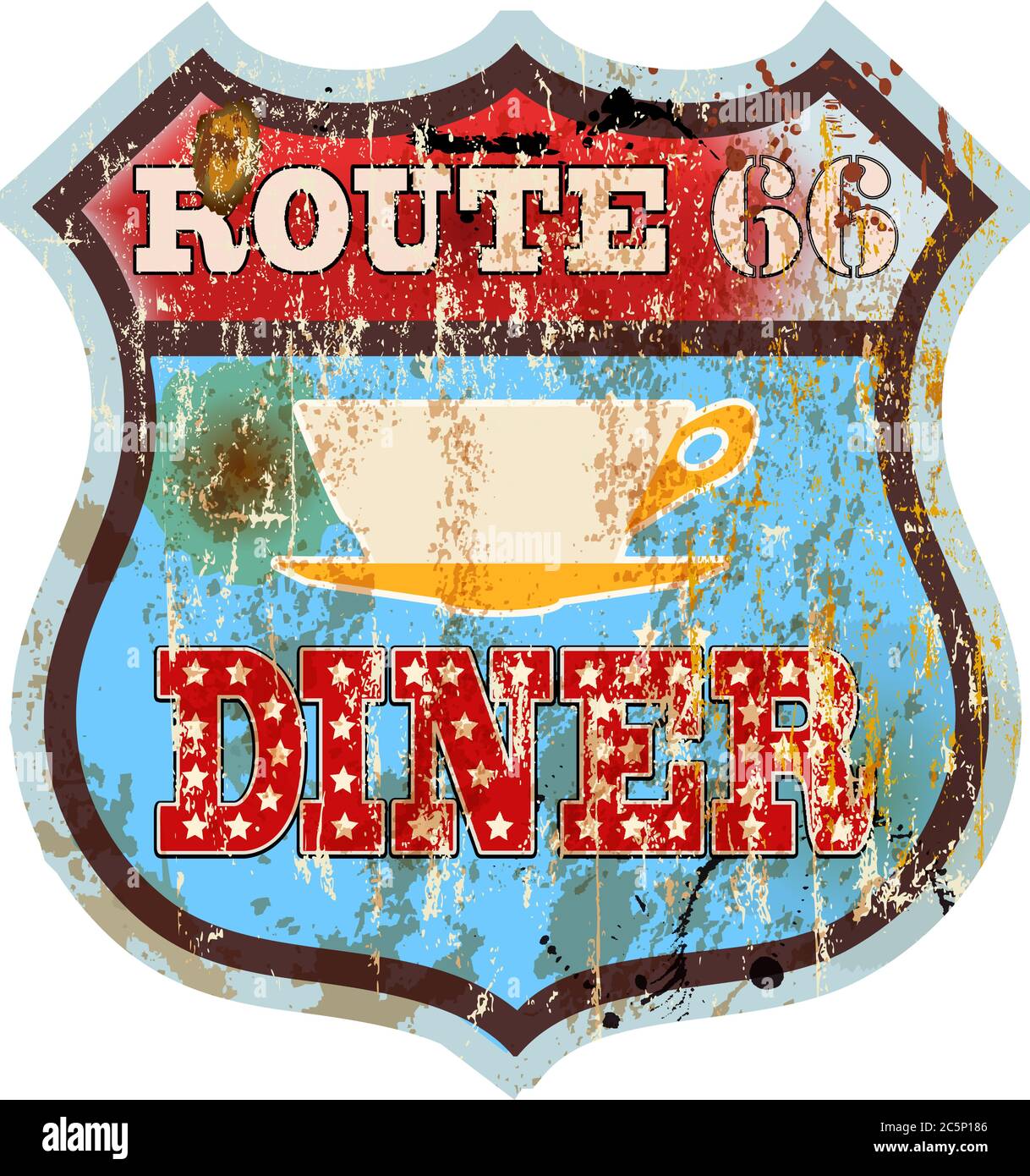 Vintage Route 66 Diner Zeichen, alte Fast-Food-Restaurant Advertsing Zeichen, Vektor-Kunst Illustration, americana Stock Vektor