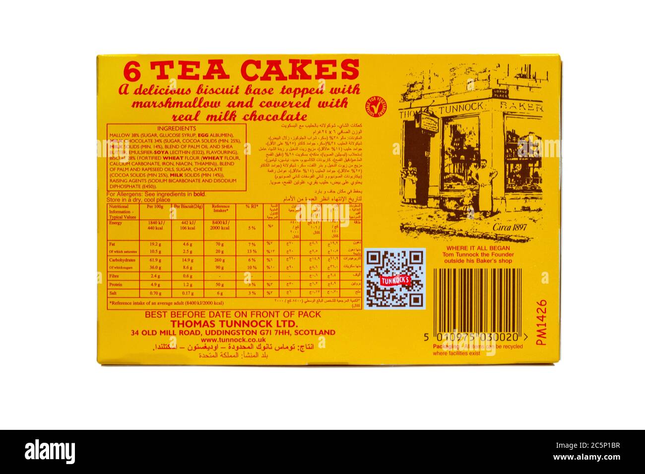 Zutaten und Nährwertangaben auf der Rückseite der Box von Tunnocks Milchschokolade 6 Tee Kuchen isoliert auf weißem Hintergrund Stockfoto
