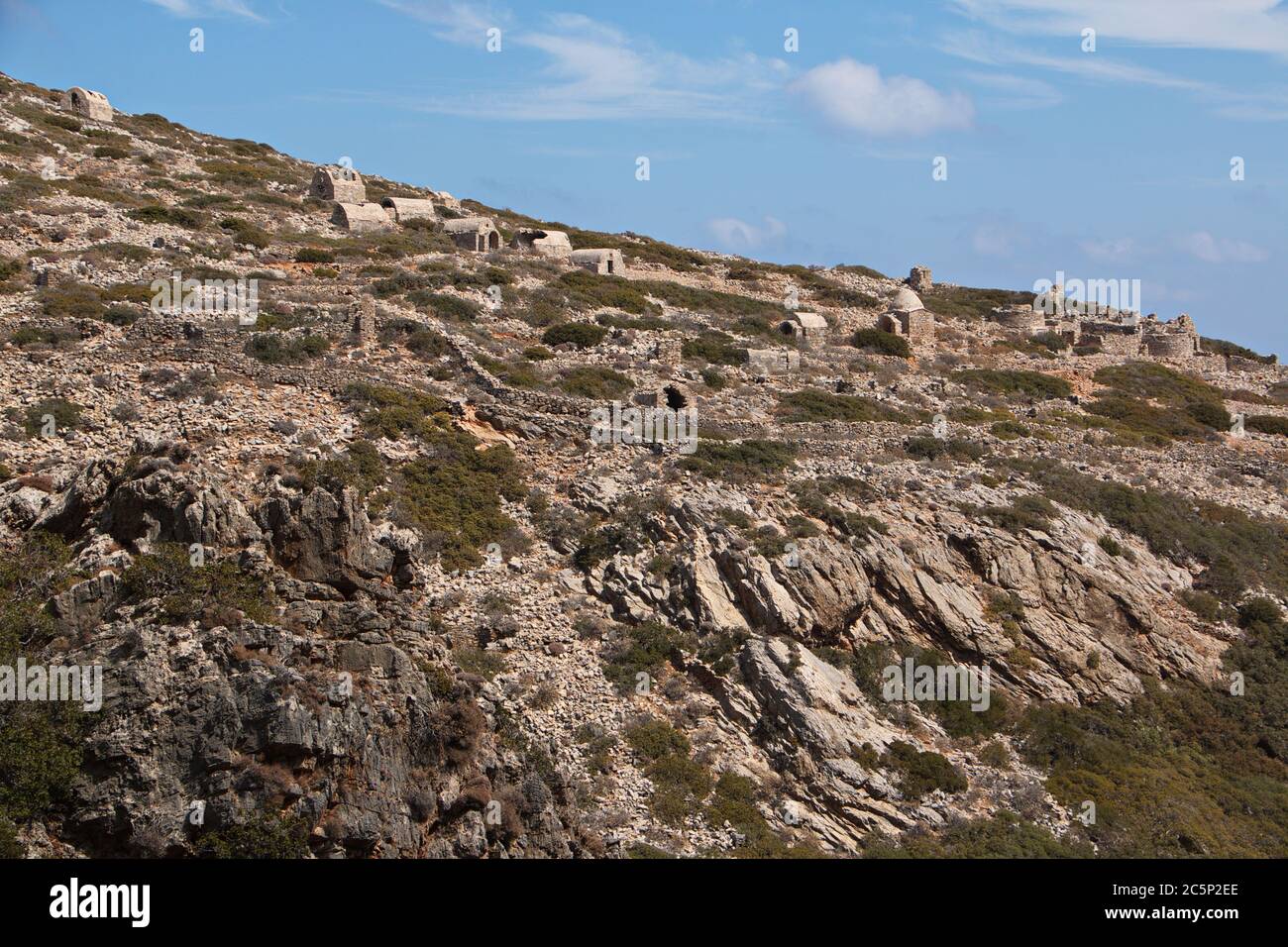 Alte Wohnungen in Palatia auf der Insel Saria bei Karpathos in Griechenland, Europa Stockfoto