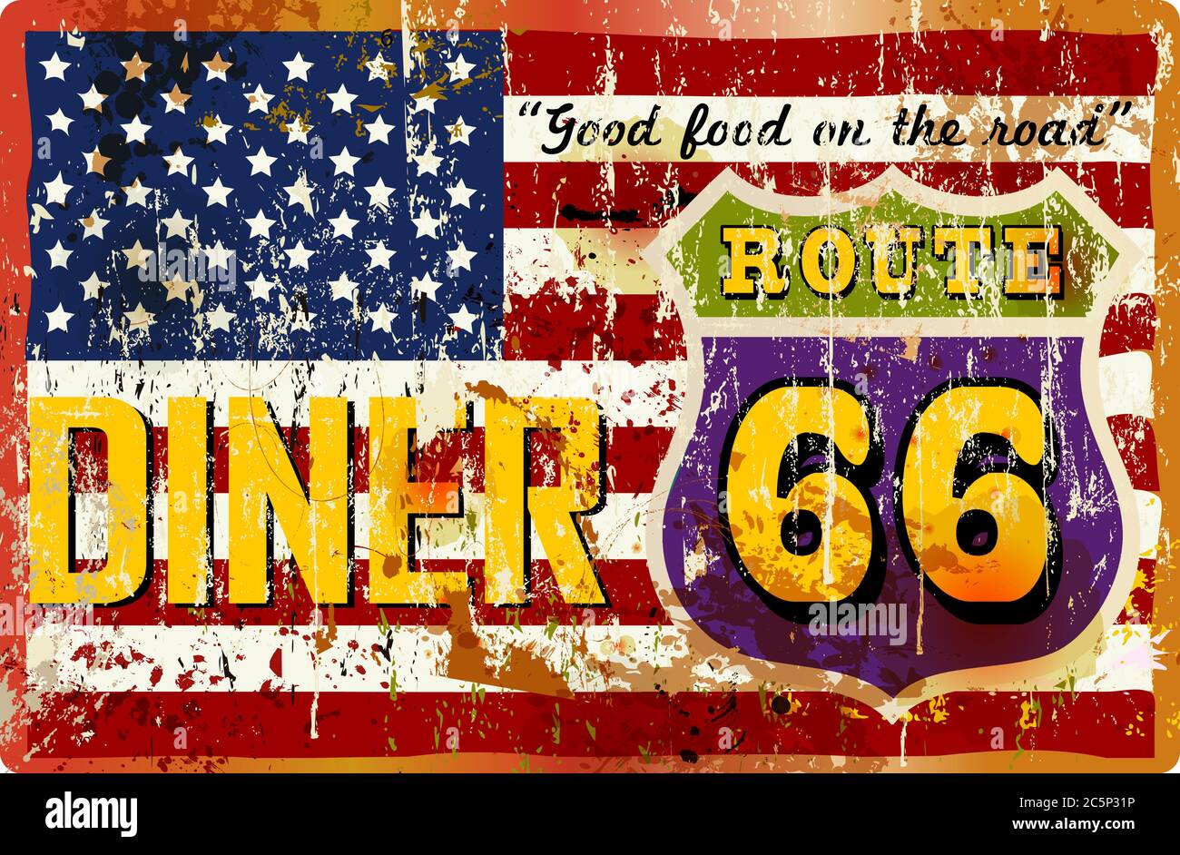 Vintage Route 66 Diner Zeichen, alte Fast-Food-Restaurant Advertsing Zeichen, Vektor-Kunst Illustration, americana Stock Vektor