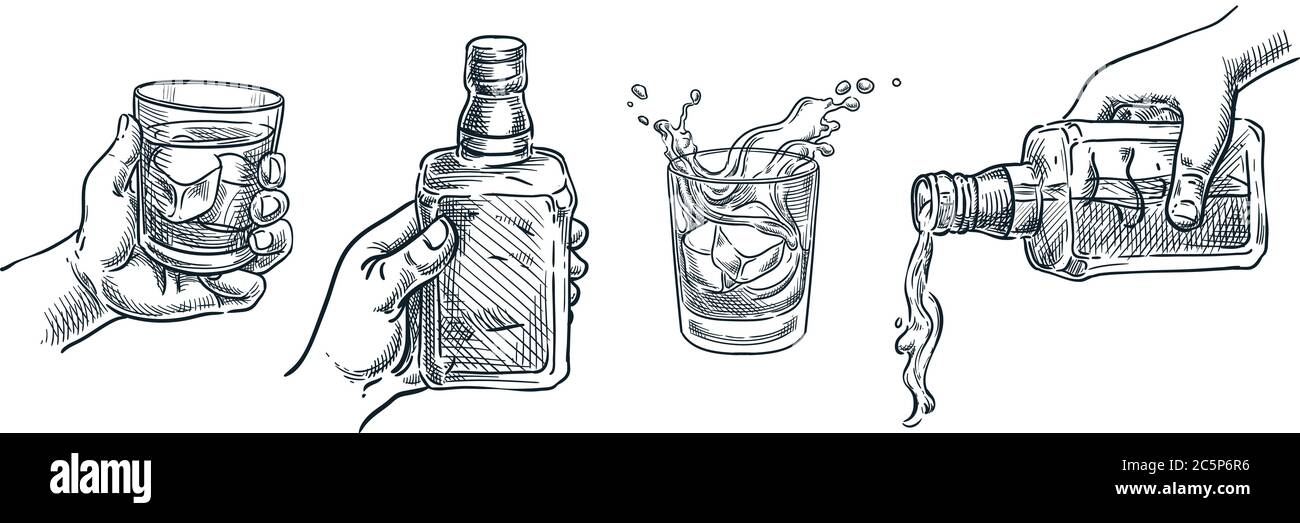 Menschliche Hand hält Whiskey oder Alkoholglas. Schottischer Whisky oder Brandy aus der Flasche. Vektor handgezeichnete Skizzendarstellung. Alkohol Getränke isola Stock Vektor
