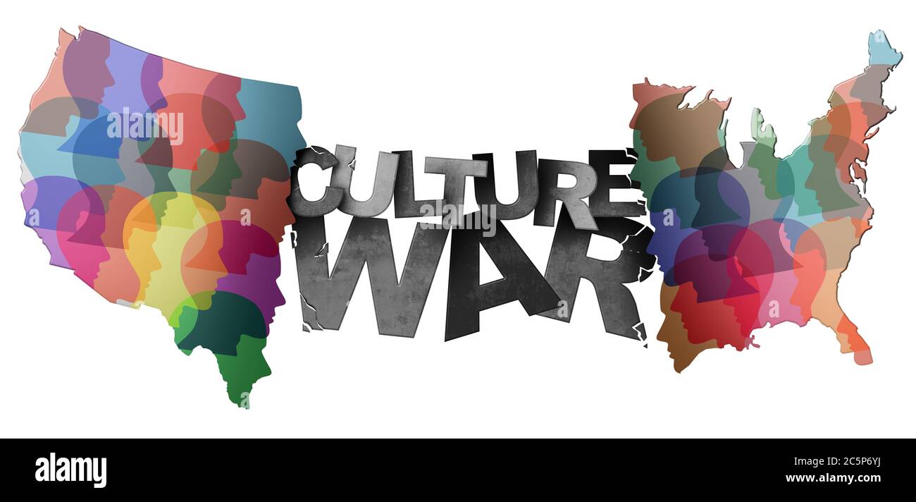Kultur Krieg und Kulturkriege Konzept oder USA Erbe und teilte die amerikanische Politik als verschiedene Philosophie als Kulturen und Ideologie in Konflikt. Stockfoto