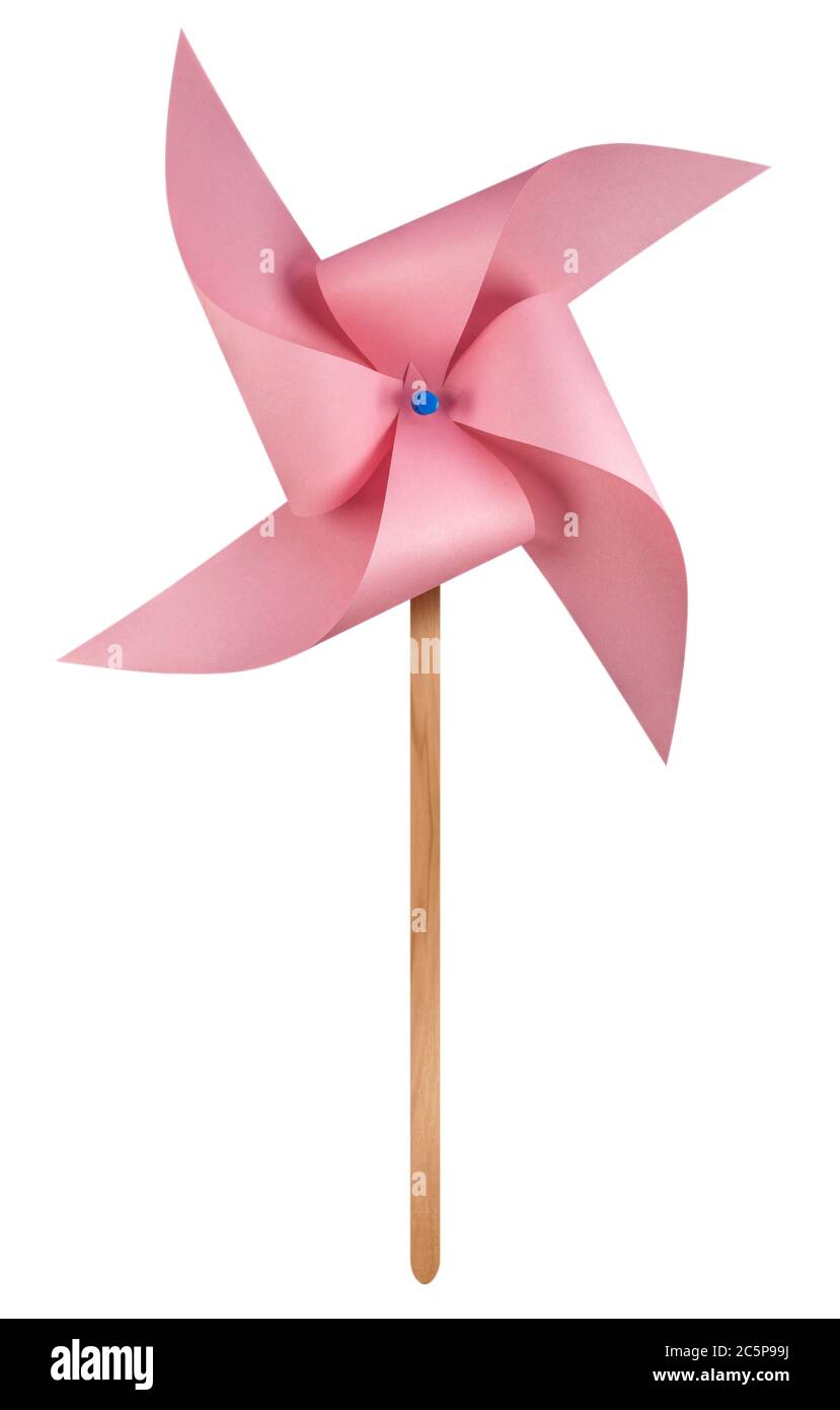 Rosa Papier Windmühle Windrad isoliert auf weiß mit Clipping Path Stockfoto