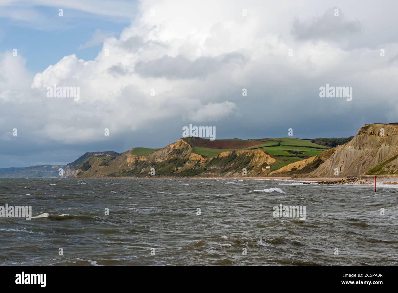 Blick von West Breakwater auf West Bay entlang der Jurassic Coast in Richtung Golden Cap. Teil der Dorset AONB und auf dem South West Coast Path Stockfoto
