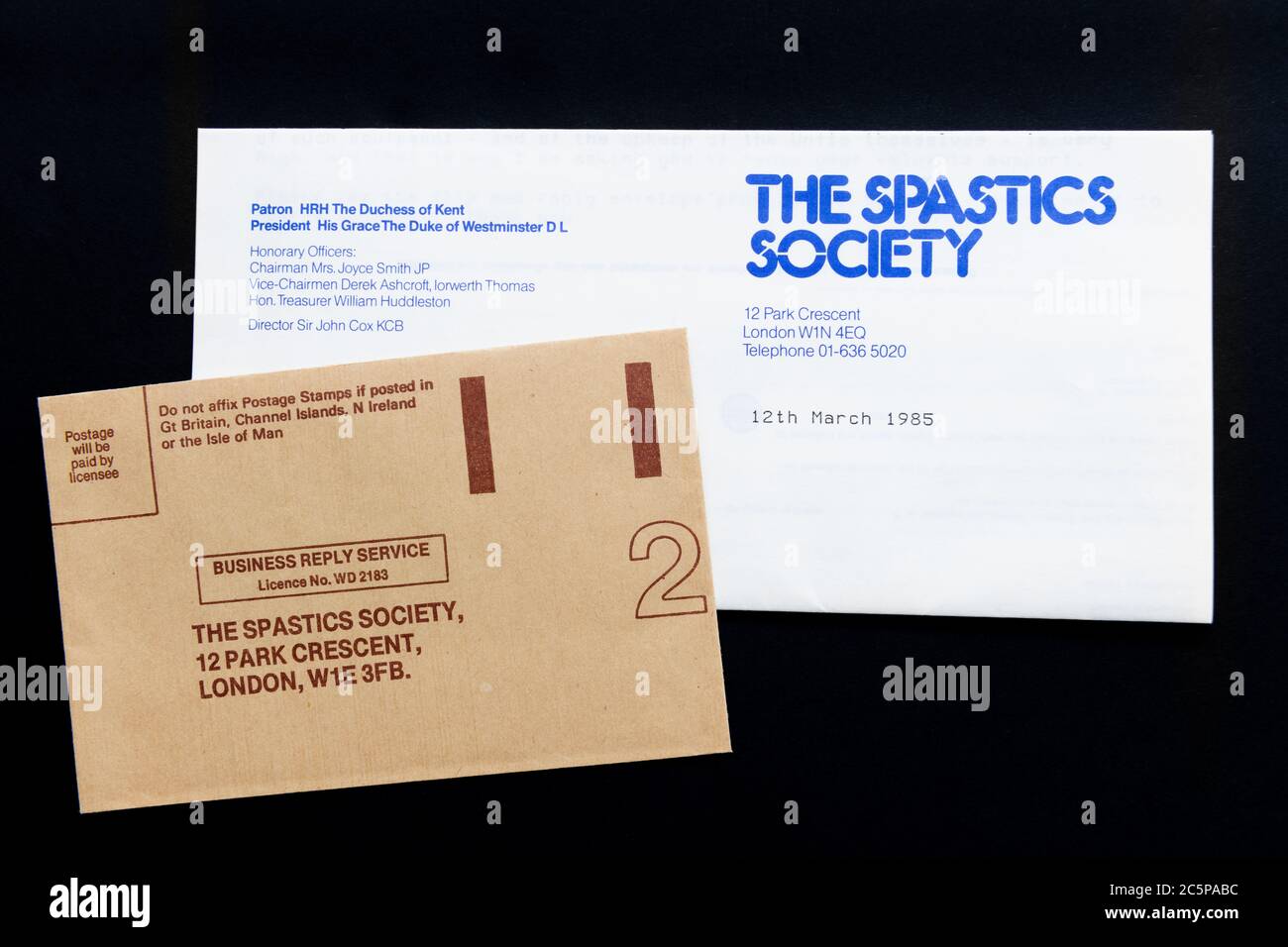 Der Spendenbrief der Spastics Society 1985 - 1994 umbenannt in Scope Stockfoto