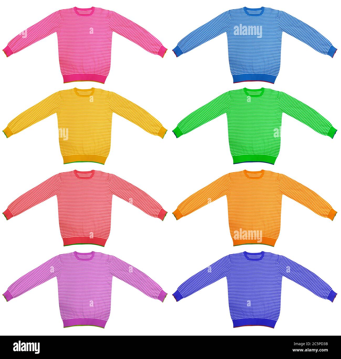 Bunt gestreiftes Langarm-T-Shirt in Weiß isoliert. Stockfoto