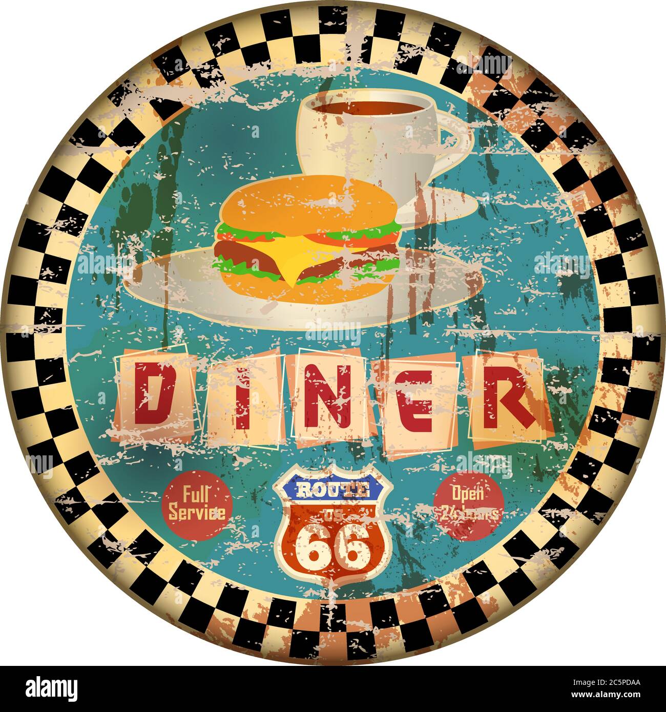 Vintage Route 66 Diner Zeichen, alte Fast-Food-Restaurant Advertsing Zeichen, Vektor-Kunst Illustration, americana Stock Vektor