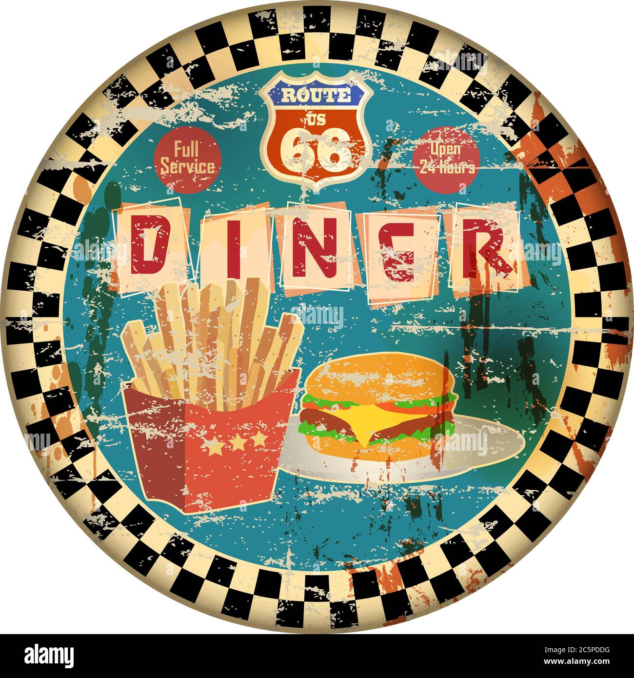 Vintage Route 66 Diner Zeichen, alte Fast-Food-Restaurant Advertsing Zeichen, Vektor-Kunst Illustration, americana Stock Vektor