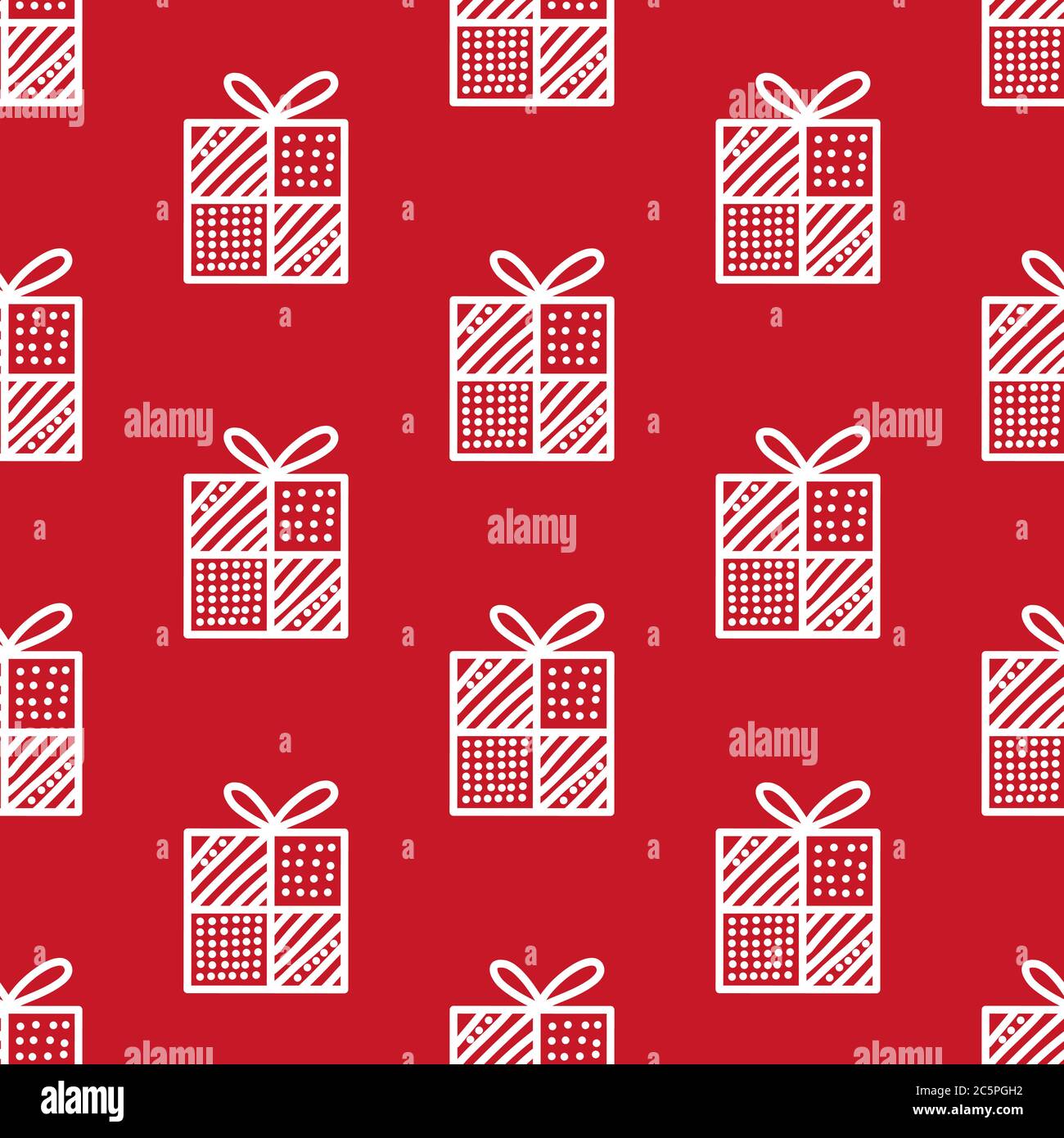 Nahtloses Muster aus weißen Doodle Geschenkboxen mit Schleife auf rotem Hintergrund. Vektorgrafik. Stock Vektor