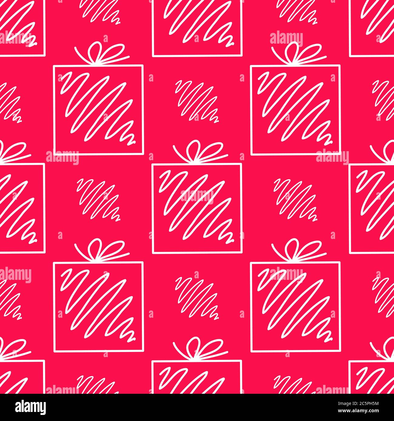 Nahtloses Muster aus weißen Doodle Geschenkboxen mit Schleife auf rosa Hintergrund. Vektorgrafik. Stock Vektor