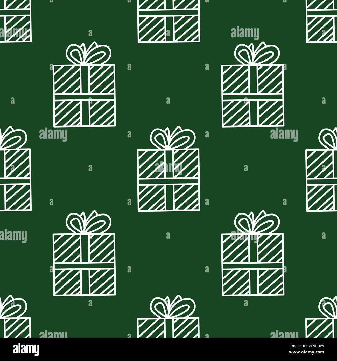 Nahtloses Muster aus weißen Doodle Geschenkboxen mit Schleife auf grünem Hintergrund. Vektorgrafik. Stock Vektor