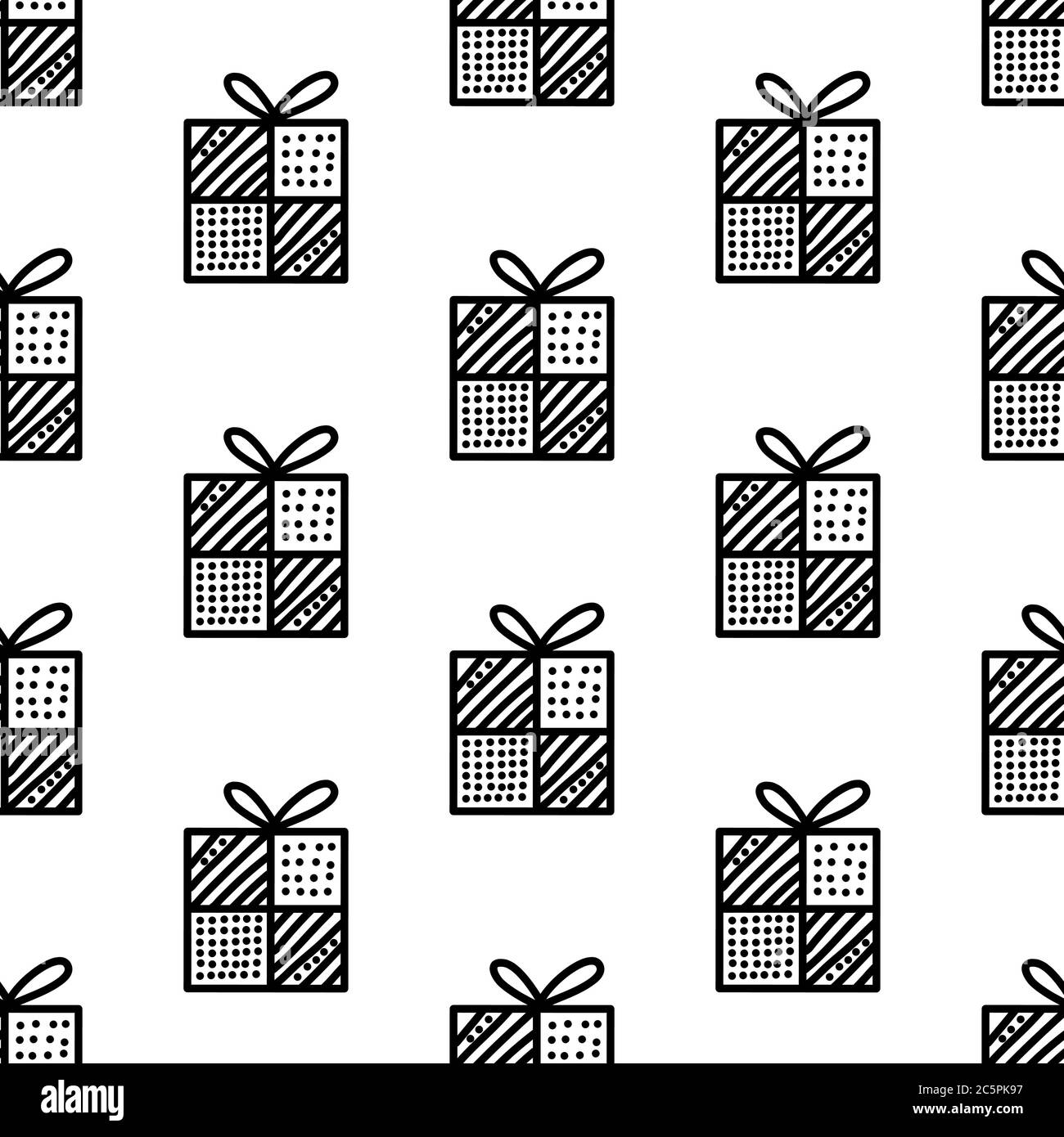 Nahtloses Muster aus Doodle Geschenkboxen mit Schleife. Isoliert auf weißem Hintergrund. Vektorgrafik. Stock Vektor
