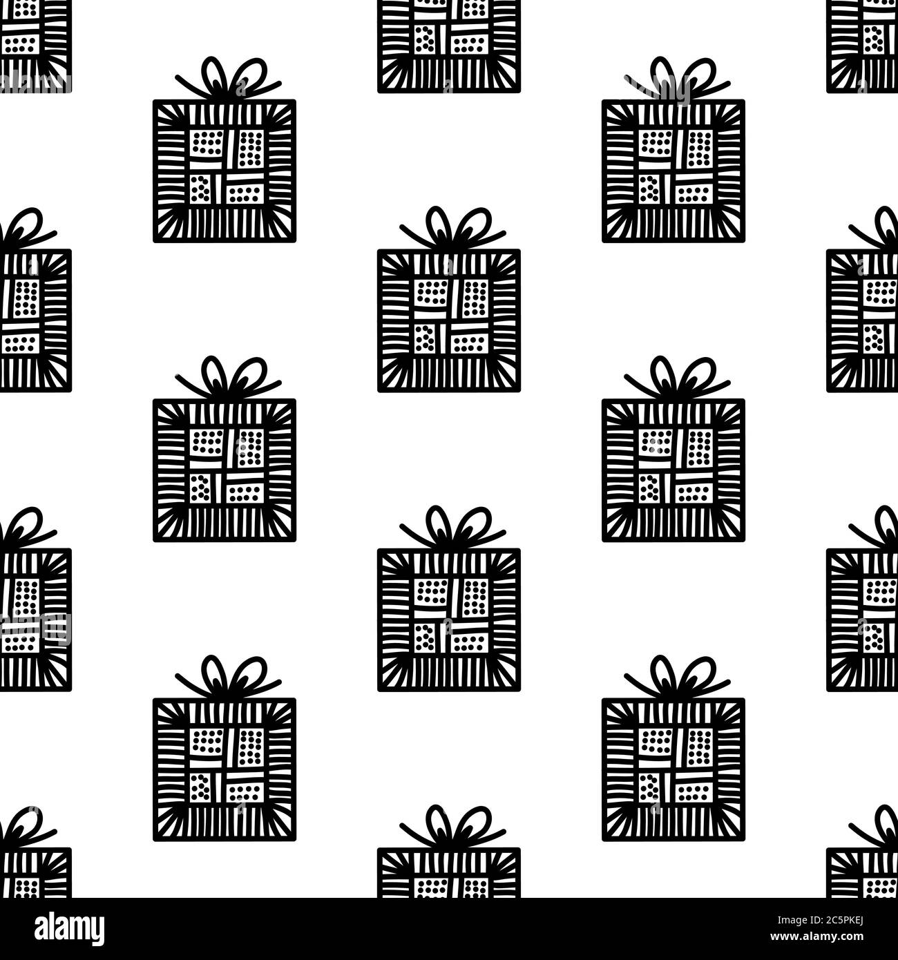 Nahtloses Muster aus Doodle Geschenkboxen mit Schleife. Isoliert auf weißem Hintergrund. Vektorgrafik. Stock Vektor