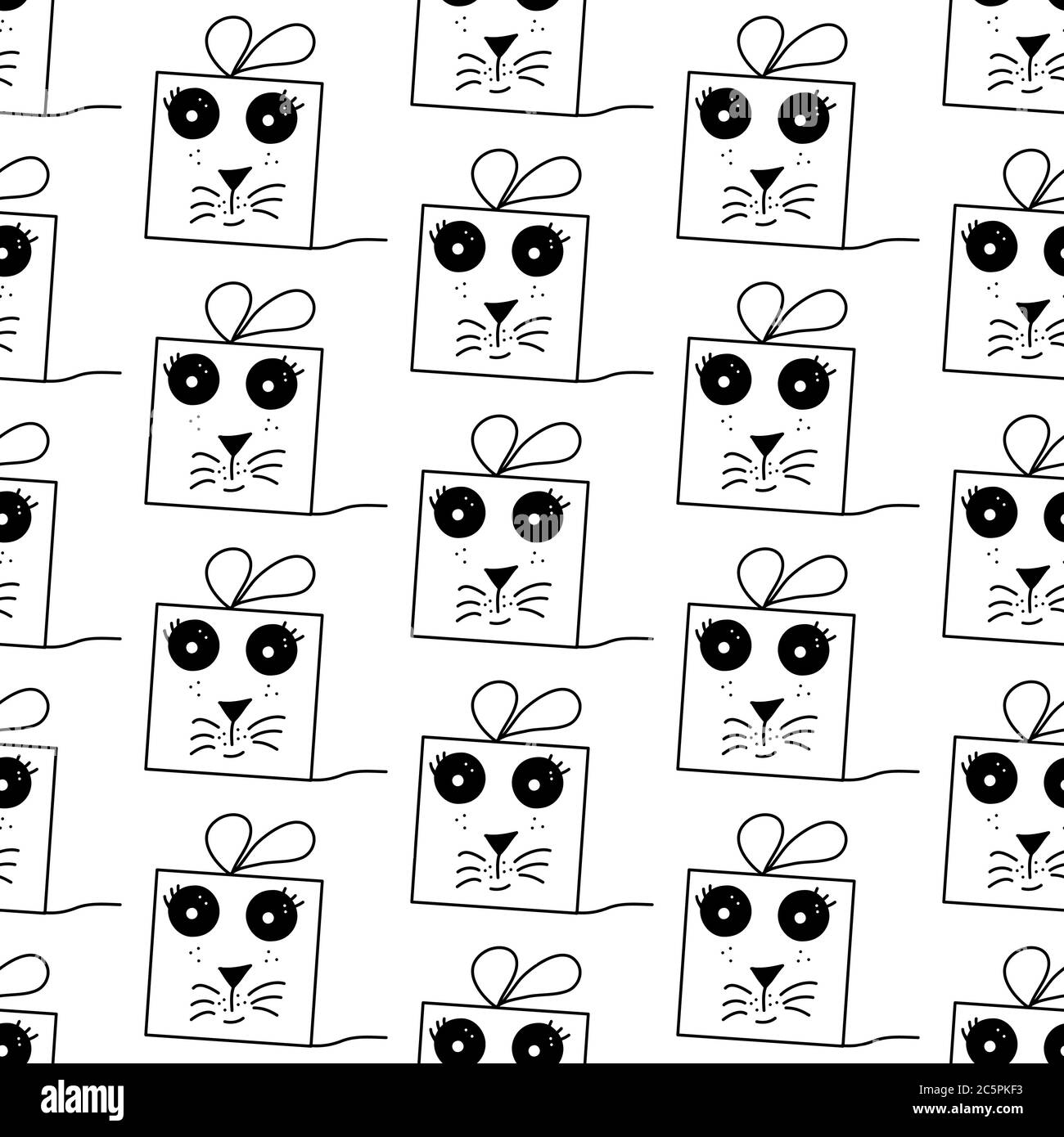 Nahtloses Muster aus Doodle Maus Geschenkboxen mit Schleife. Isoliert auf weißem Hintergrund. Vektorgrafik. Stock Vektor