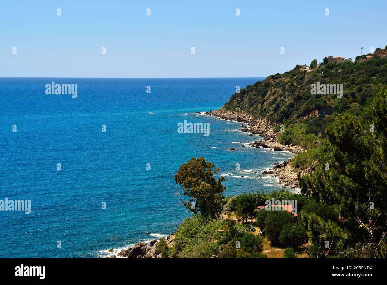 Mediterrane Macchia und Cilento Küste im Cilento Nationalpark, in der Nähe von Pisciotta Dorf, Kampanien, Südwestitalien. Stockfoto