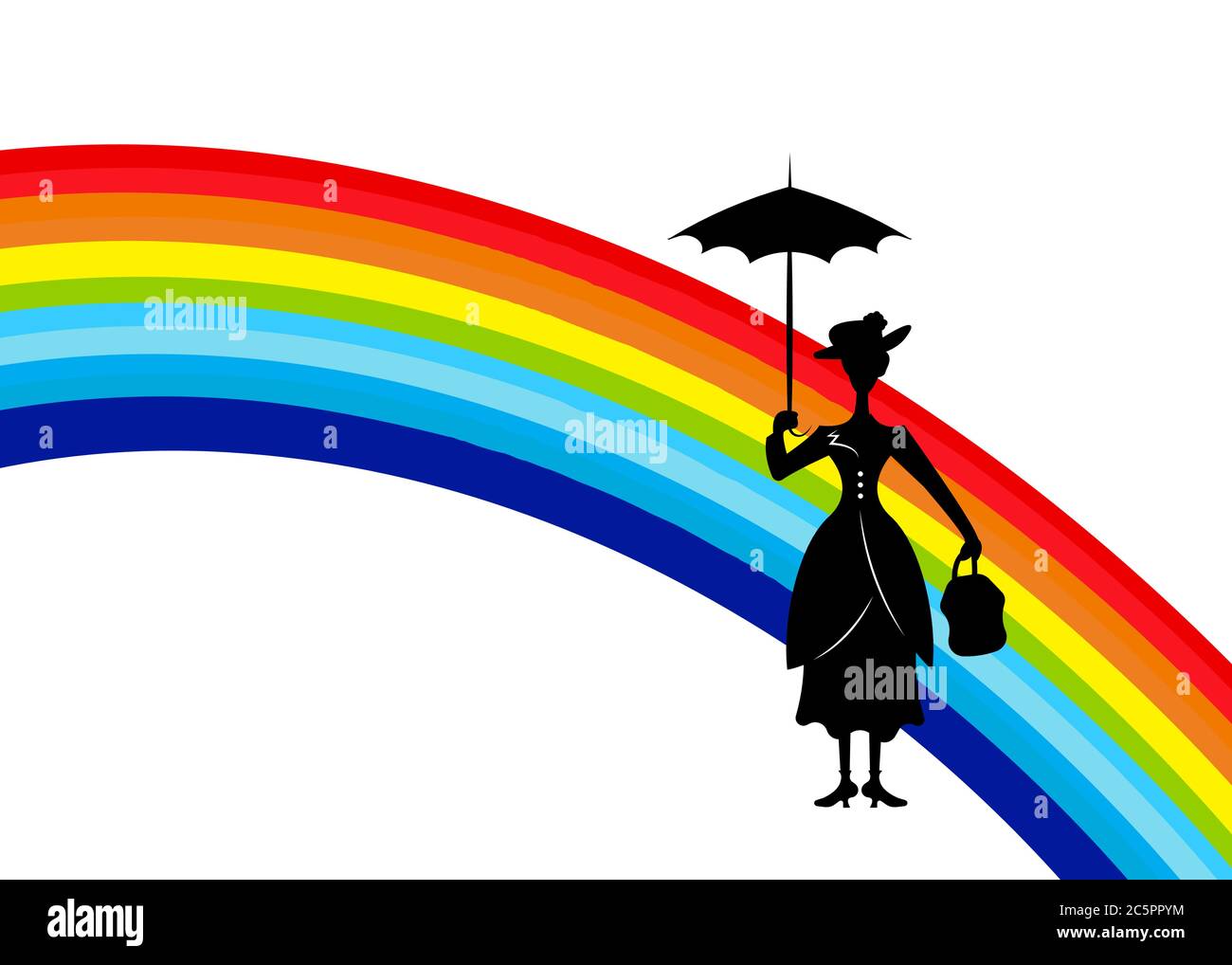 Silhouette Mädchen schwimmt mit Regenschirm in der Hand und bunten Regenbogen in den Himmel, Poppins Stil, Vektor isoliert oder weißen Hintergrund Stock Vektor