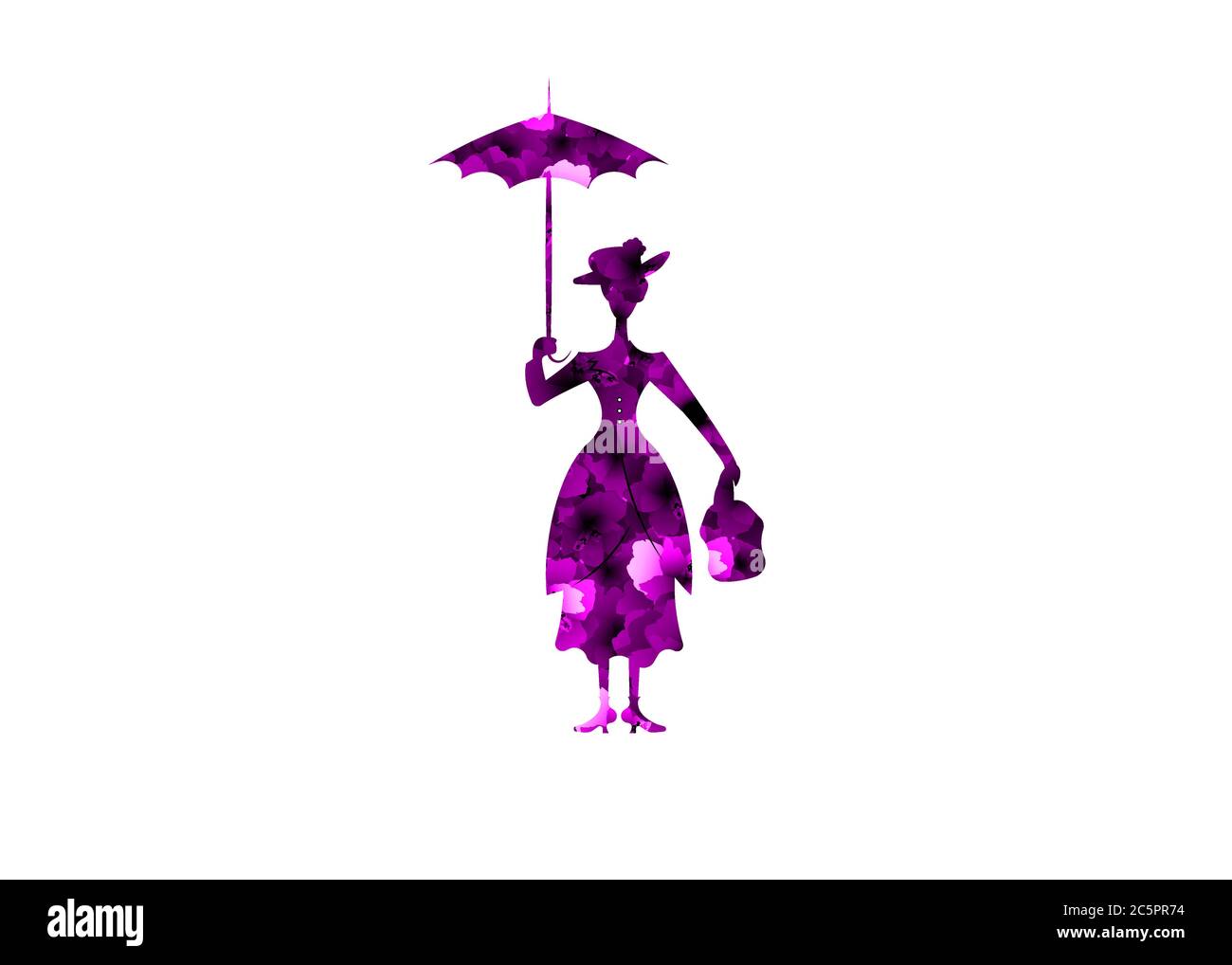 Silhouette Mädchen schwimmt mit Regenschirm in der Hand, lila Blumen Silhouette, Mary Poppins Stil, Vektor isoliert oder weißen Hintergrund Stock Vektor