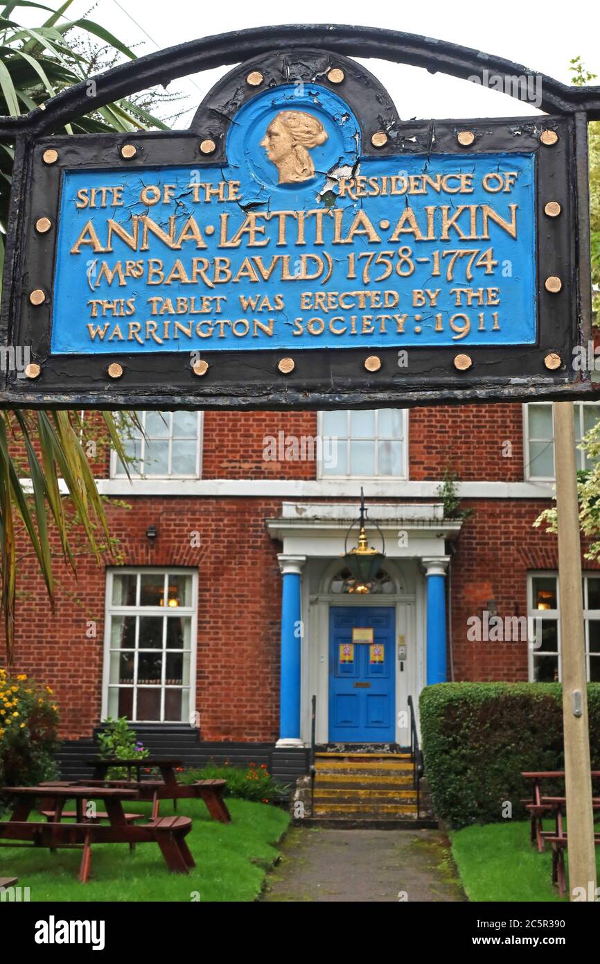 Standort der Residenz von Anna Laetitla Aikin,Frau Barbauld,1758,1774,Tafel errichtet Von der Warrington Society,1911 Stockfoto