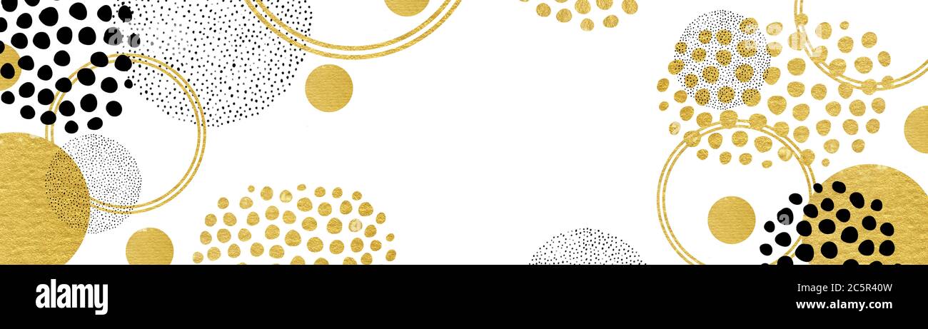 Gold schwarz und weiß modernes Hintergrunddesign, glänzend Gold Metall Kreis Formen Ringe und Spots mit schwarzen Flecken auf weißem Hintergrund in kreativen Schichten Stockfoto