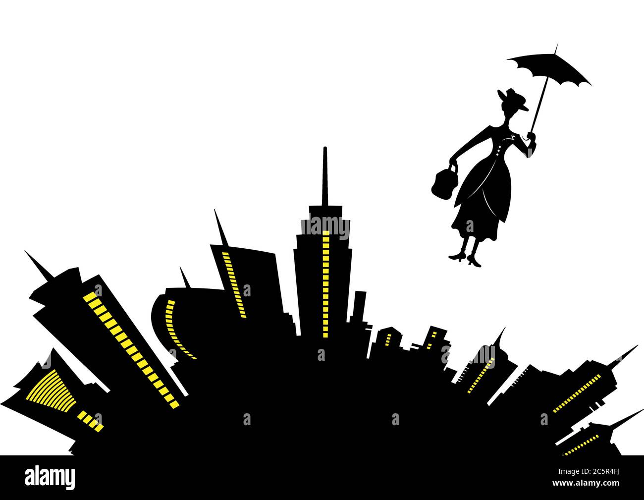 Skyline der modernen Stadt, Business-Frau-Konzept. Mary Poppins Vektor am  Himmel mit einem Regenschirm, Vektor-Illustration Stock-Vektorgrafik - Alamy